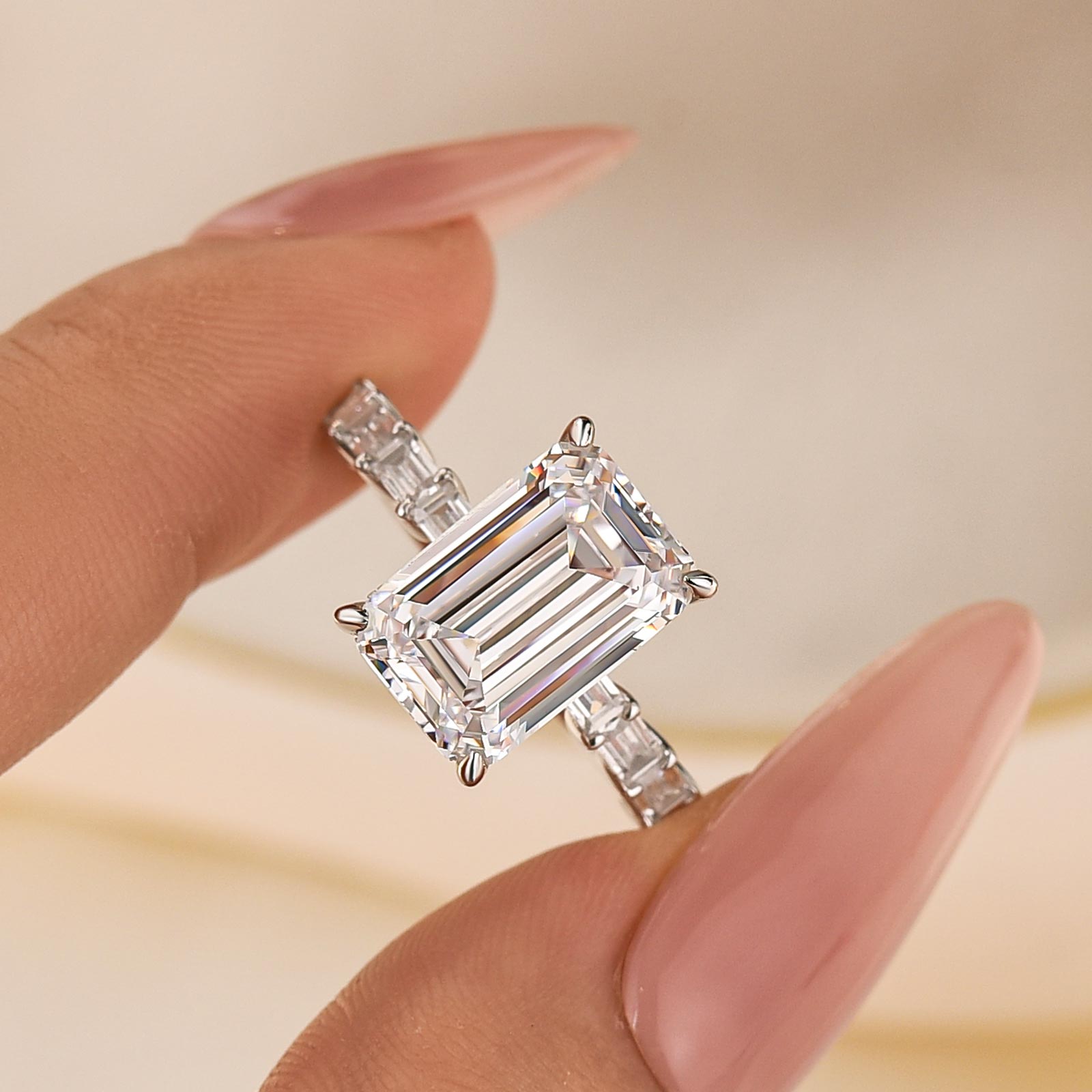 5.5Ct Emerald Cut Hidden Halo Engagement Ring Travel Ring In Sterling Silver