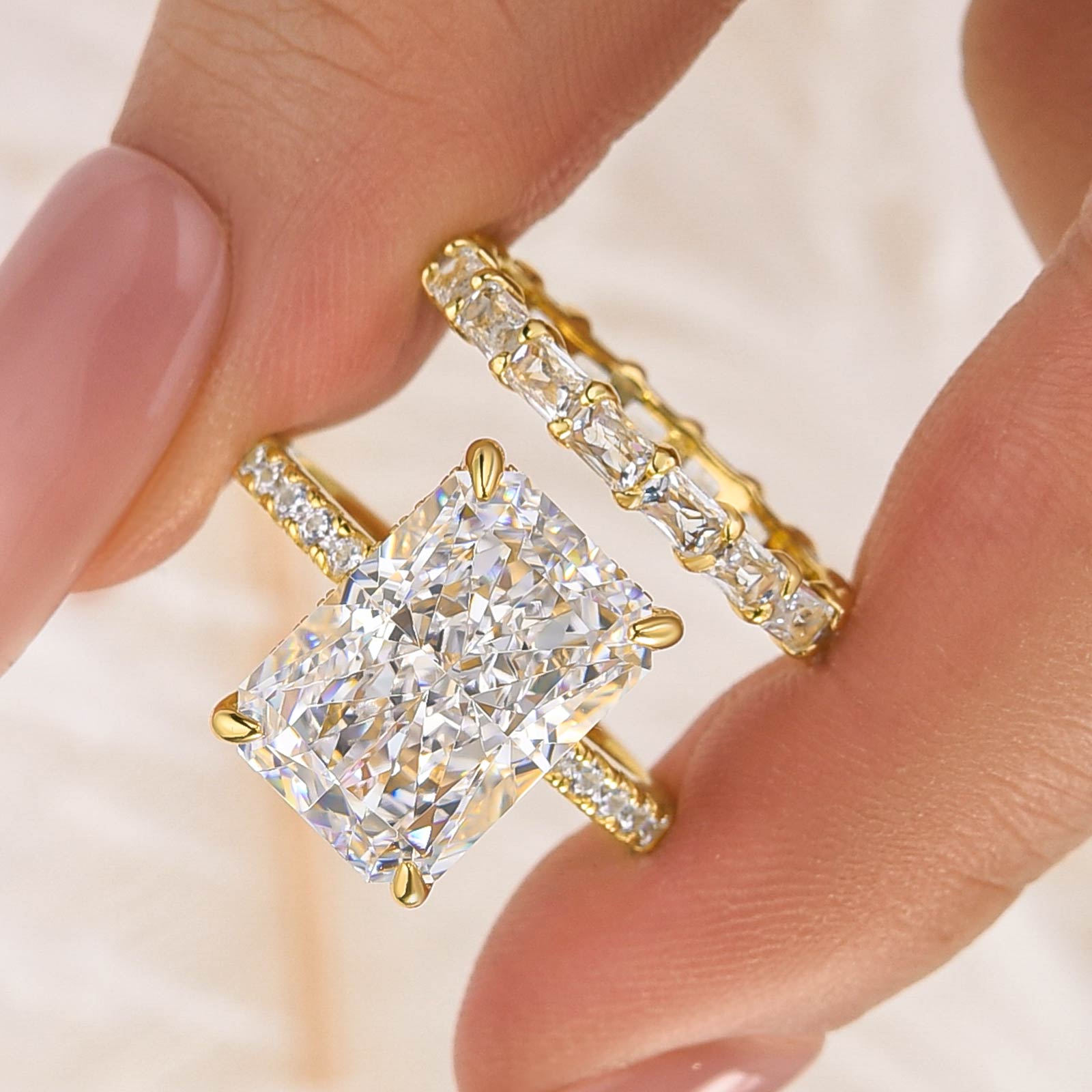 S925 7.0Ct Radiant Cut Engagement Ring with Radiant Cut Wedding Band - louilyjewelry