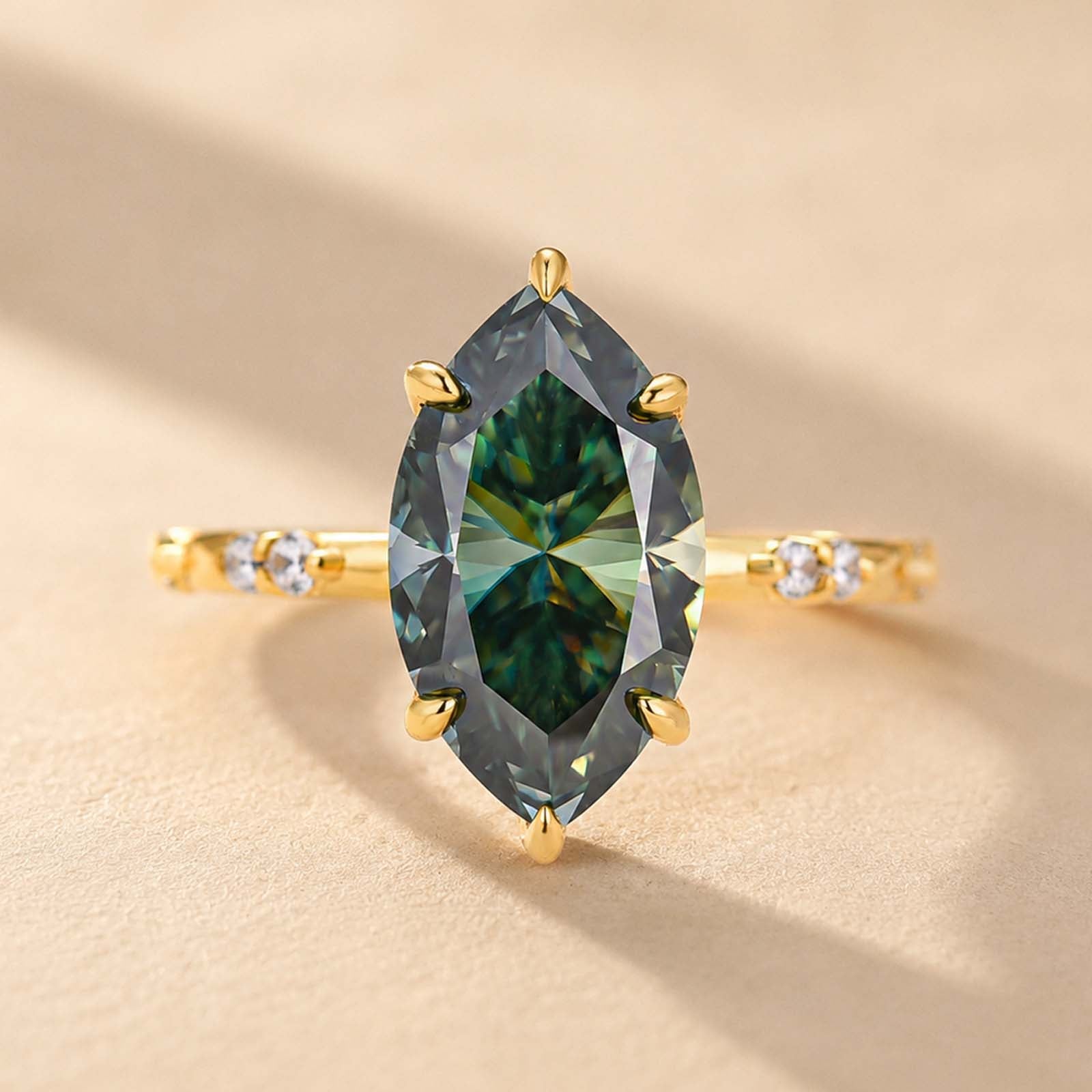 S925 Moissanite 4.0Ct Marquise Cut 18K Yellow Gold Plated Green‑hued Ring For Everyday Wear