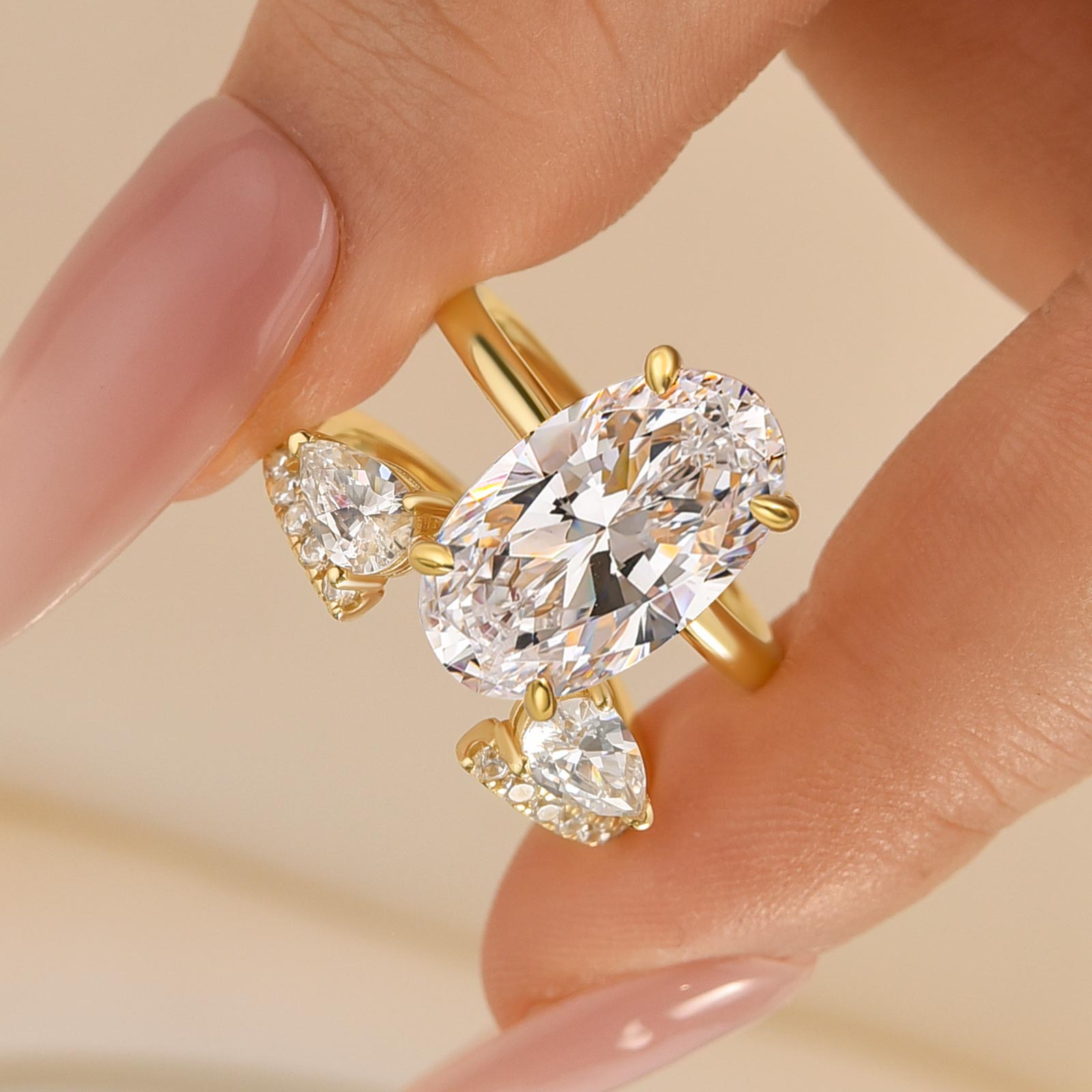 Unique 2PC 5.0Ct Oval Cut Hidden Halo Engagement Ring With Pear Cut Open Wedding Band