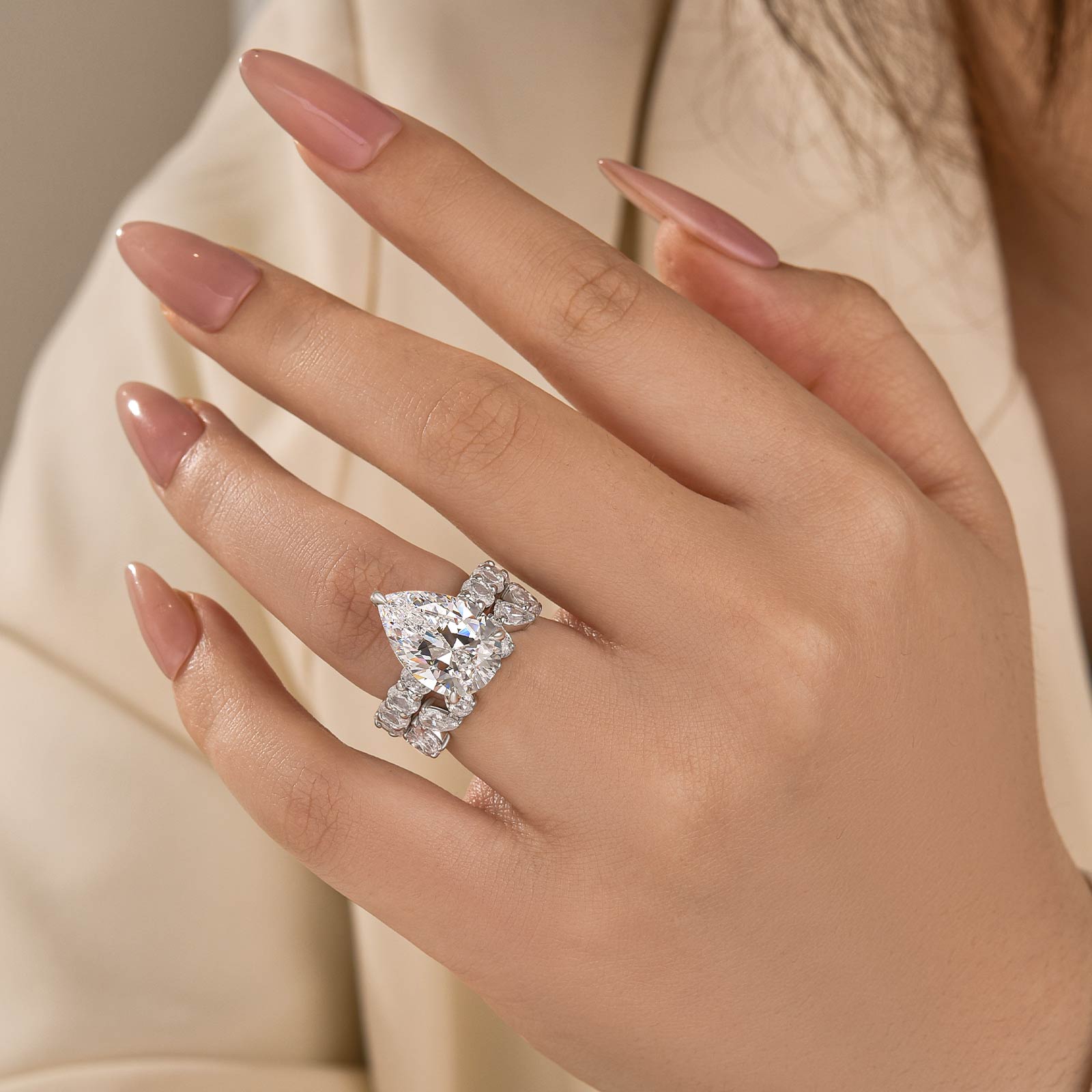 S925 2PC 5.0Ct Side Stone Pear Cut Engagement Ring with Pear Cut Wedding Band - louilyjewelry