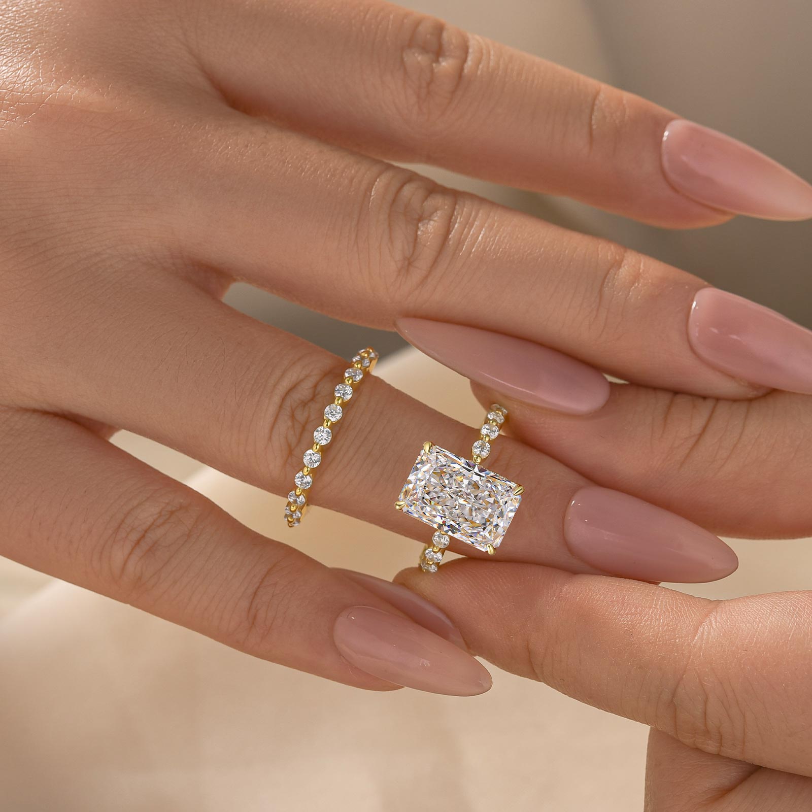 S925 2PC 5.0Ct Side Stone Radiant Cut Yellow Gold Engagement Ring with Round Cut Wedding Band - louilyjewelry