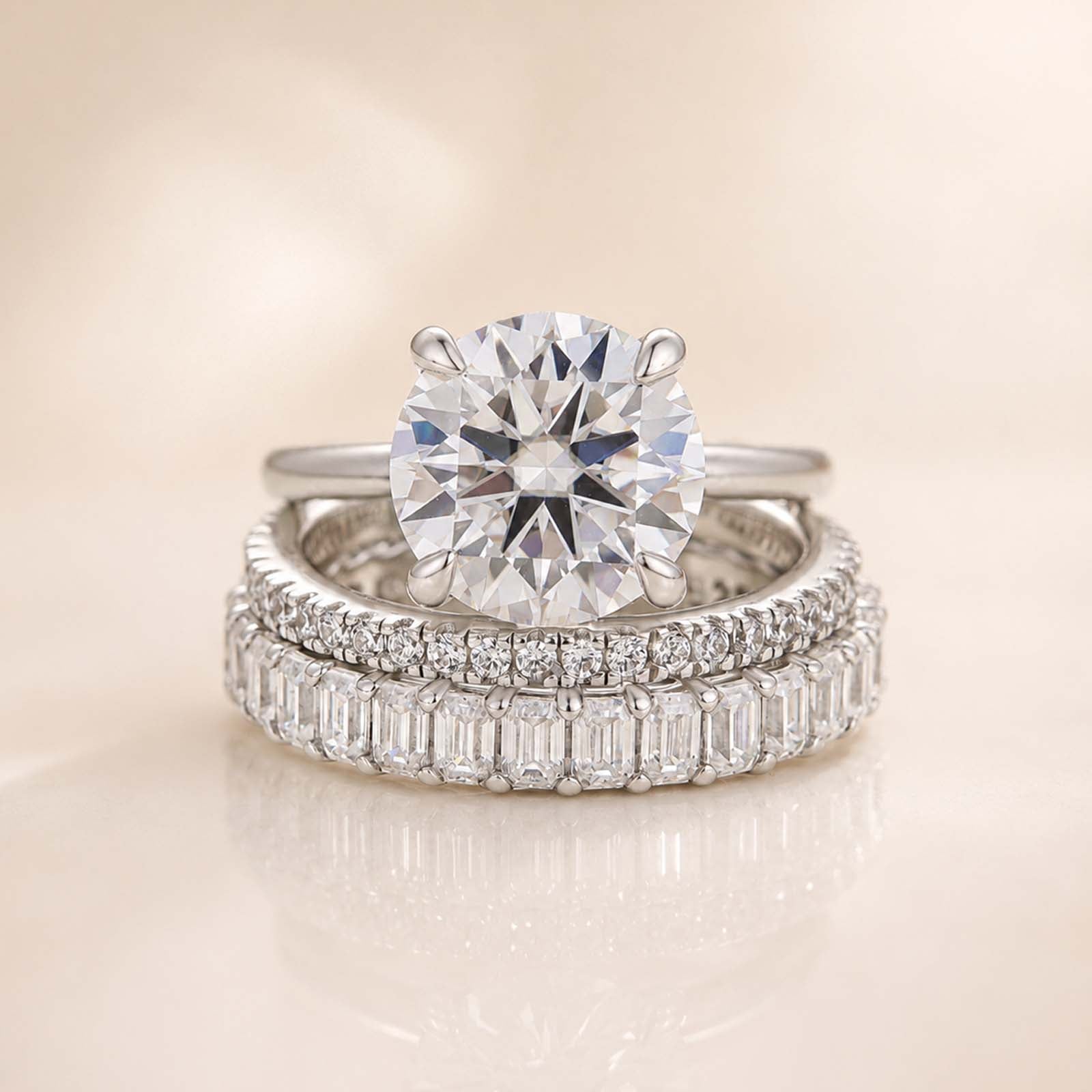 S925 Moissanite 4CT Round Solitaire 3PC Brival Ring Set With Mixed-Cut Bands