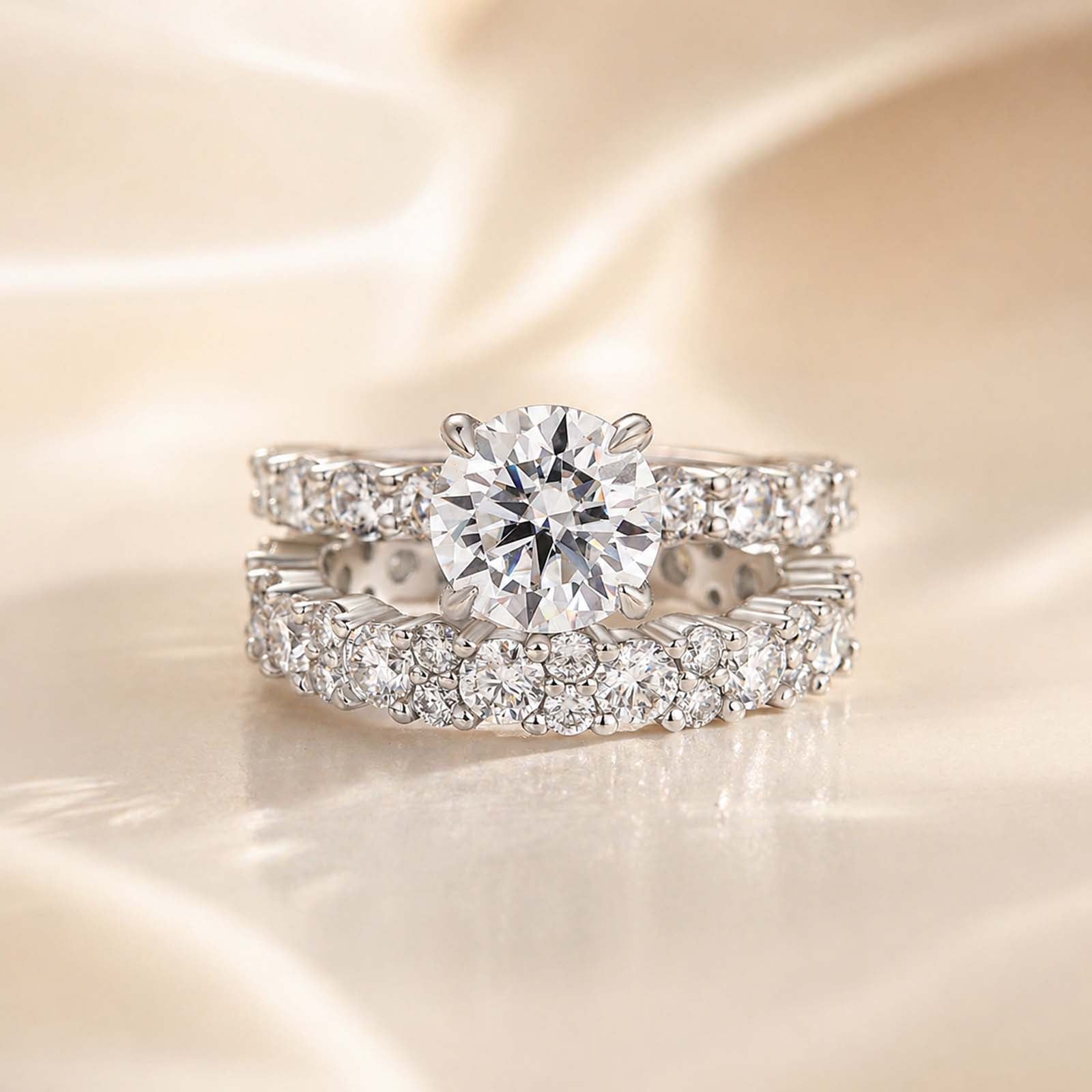 S925 2.0CT Round Cut Moissanite 2PC Brival Ring Set Solitaire Promise Ring & Pavé Eternity Band