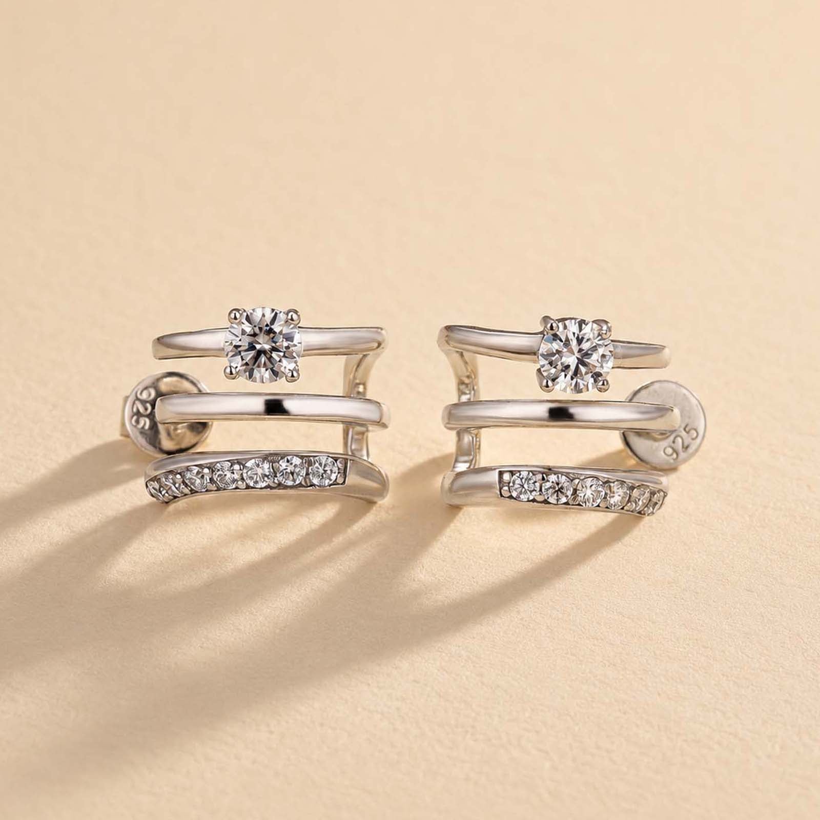 S925 Moissanite 0.1Ct*2PC Round Cut Triple-Band Hoop Earrings Minimalist Everyday Wearable Earrings
