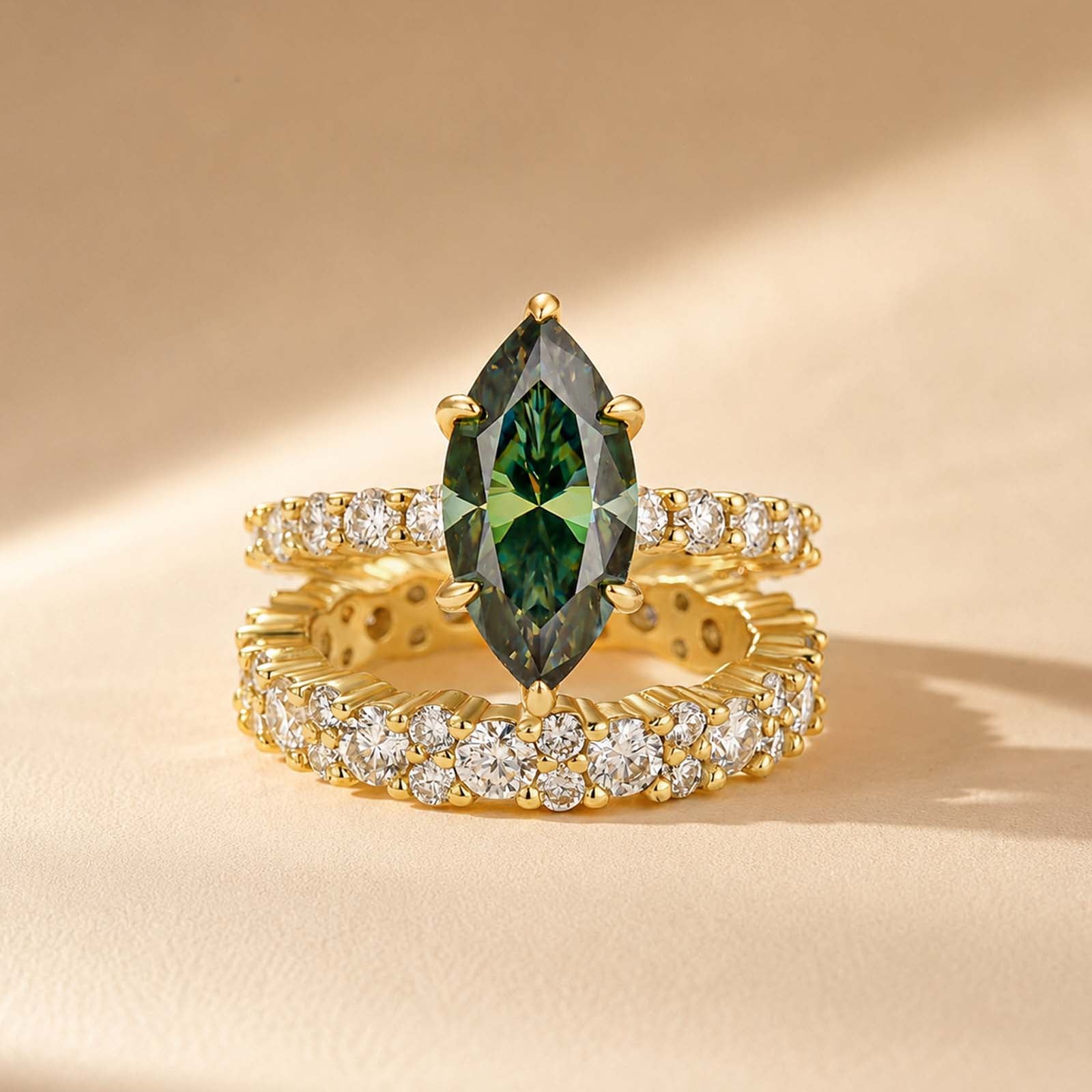 S925 Moissanite 3.0Ct Marquise Cut Green Stone Yellow Gold Plated Hidden Halo Bridal Set In