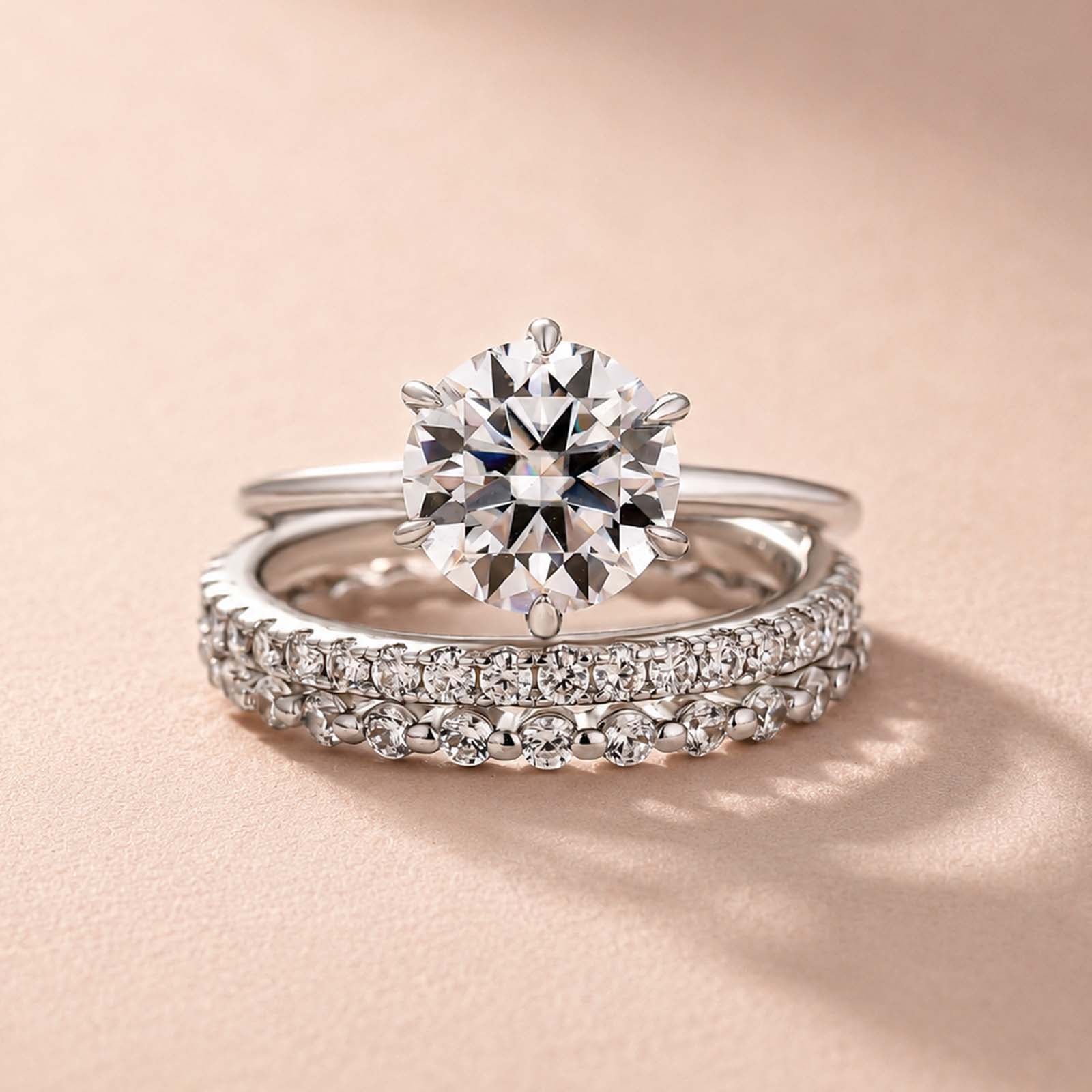 S925 Moissanite 2CT Round Solitaire 3-Piece Bridal Ring Set Engagement Ring With Wedding Bands