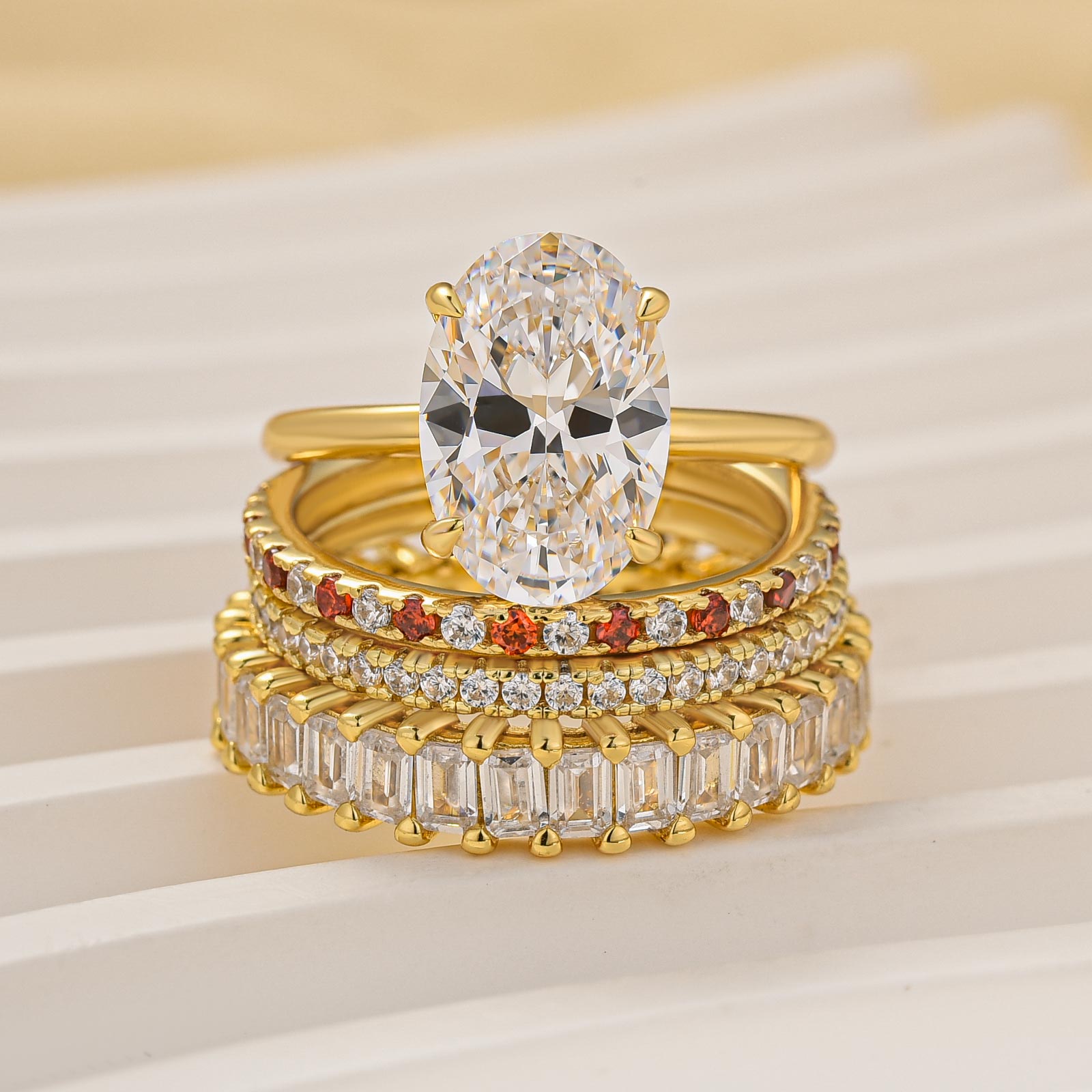 S925 4PC 4.0Ct Oval Cut Yellow Gold Engagement Ring Set with Red&White Color Stone Round Cut Band - louilyjewelry