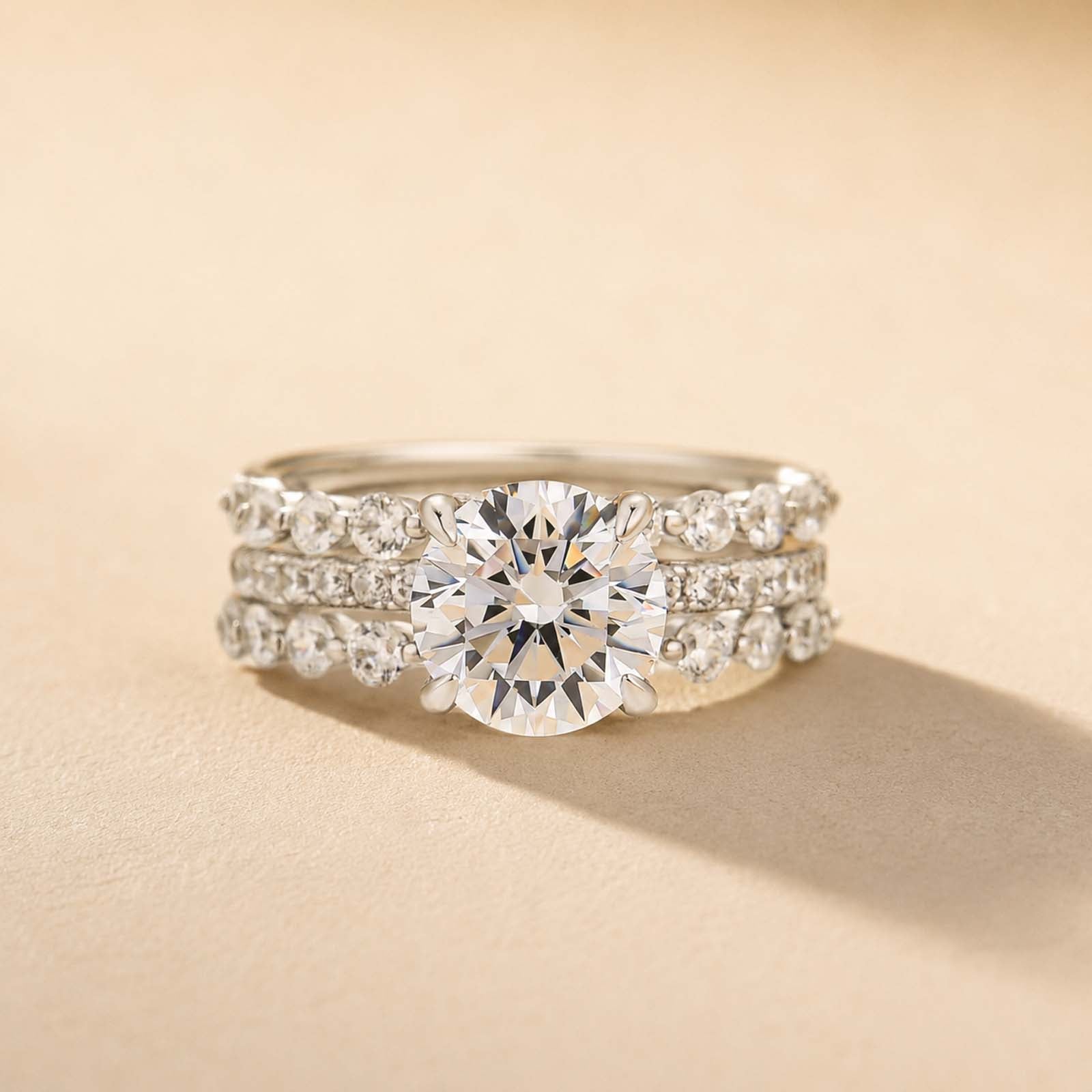 S925 2.0Ct Round Cut Engagement Ring with 0.77Ct Enhancer Wedding Band For Everyday Wear