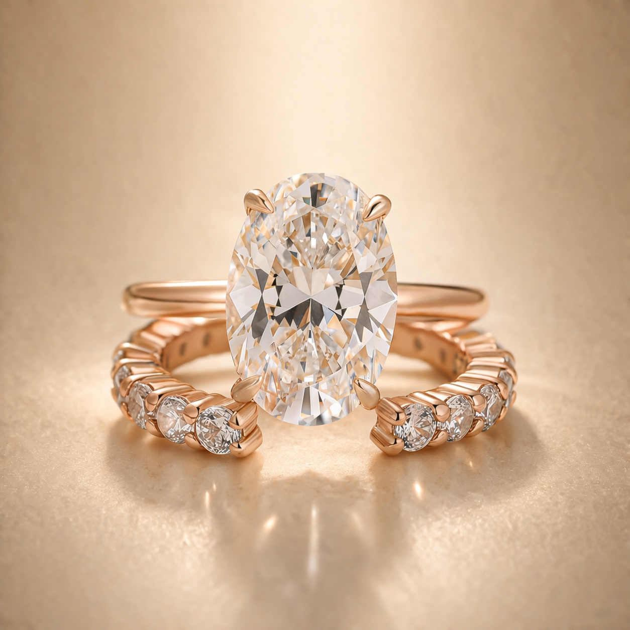 S925 4.5Ct Oval Cut Solitaire Engagement Ring in Sterling Silver with Open Round Cut Eternity Wedding Band