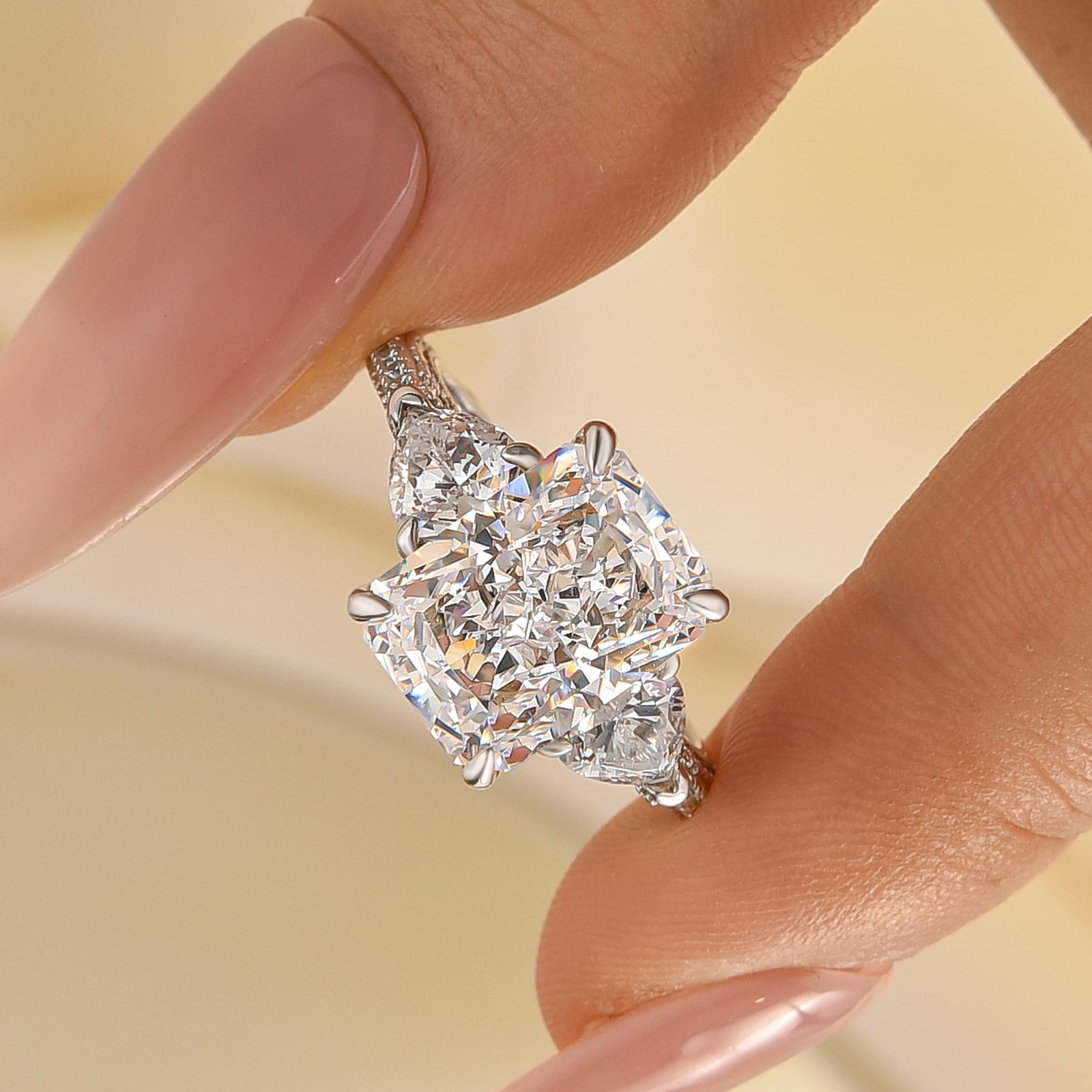 5 Ct Louily Pink Stone Radiant Cut Three Stone Engagement Ring - louilyjewelry