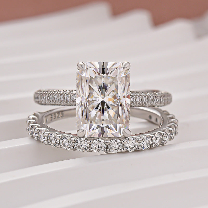 Louily Moissanite 3.5Ct Radiant Cut White Gold Wedding Ring Set Engagement Ring with Pavé Eternity Ring