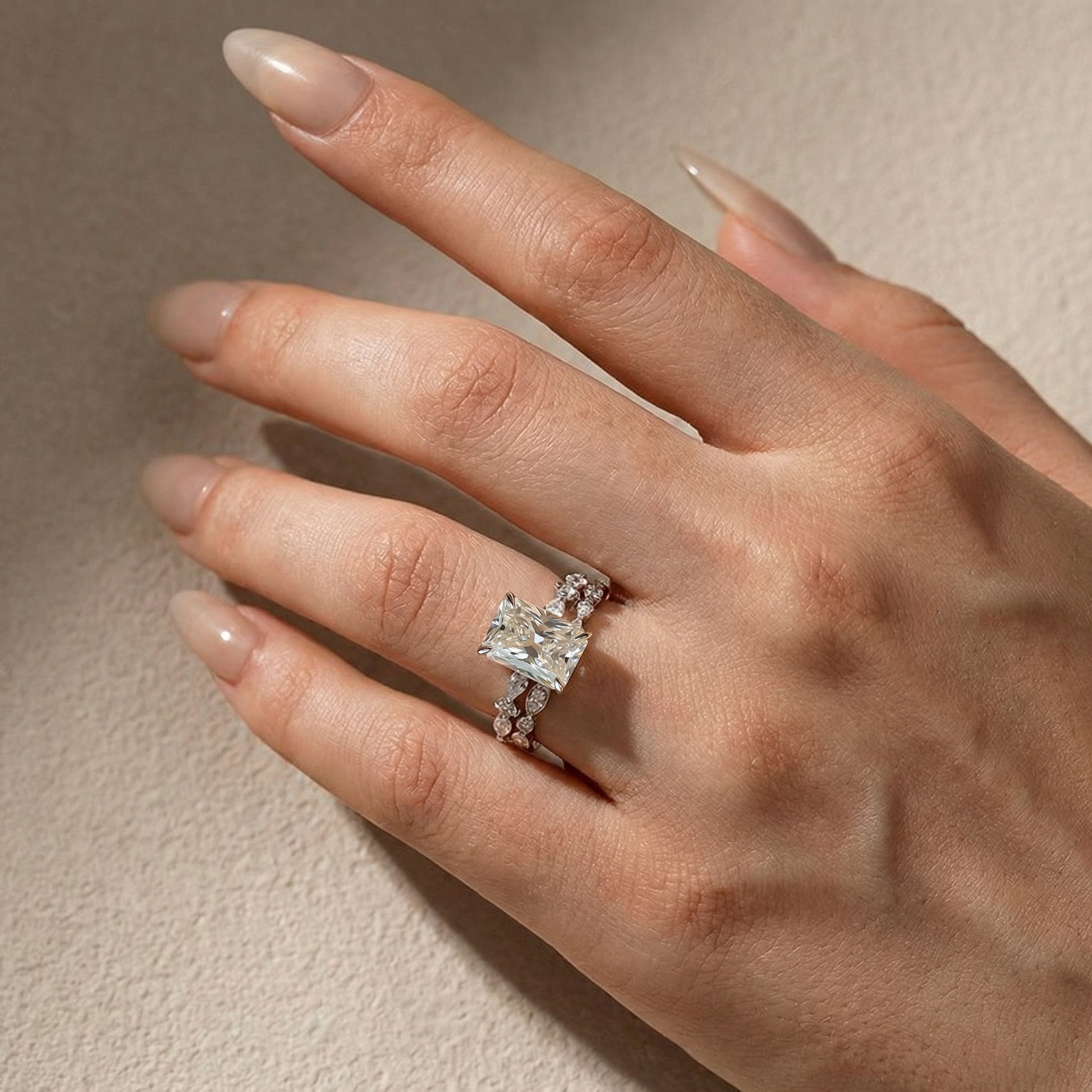 Moissanite 3.5Ct Side Stone Radiant Cut White Gold Wedding Ring Set