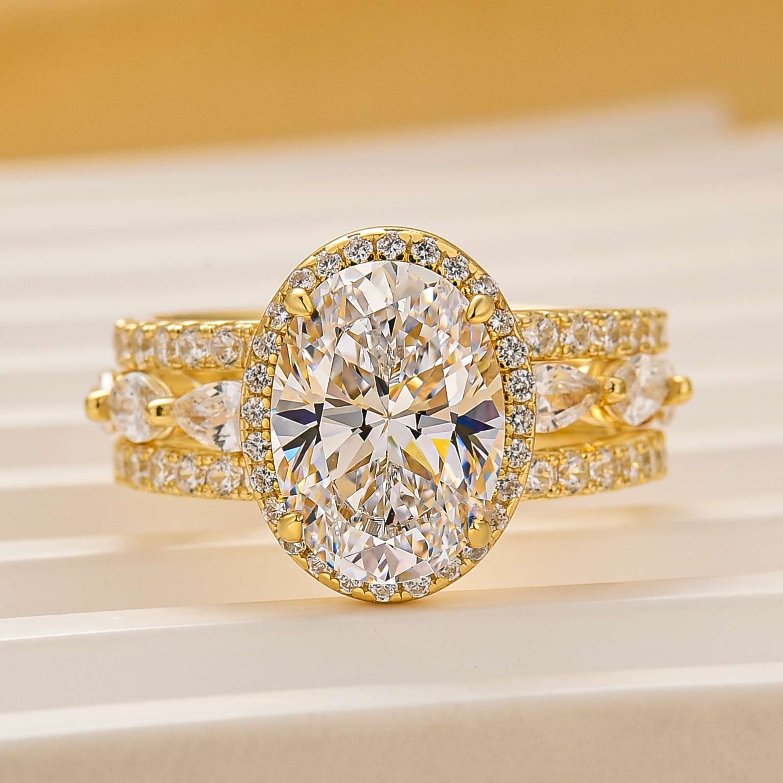 2PC 3.0Ct Halo Oval Cut Yellow Gold Wedding Ring Set With Enhancer Engagement Ring