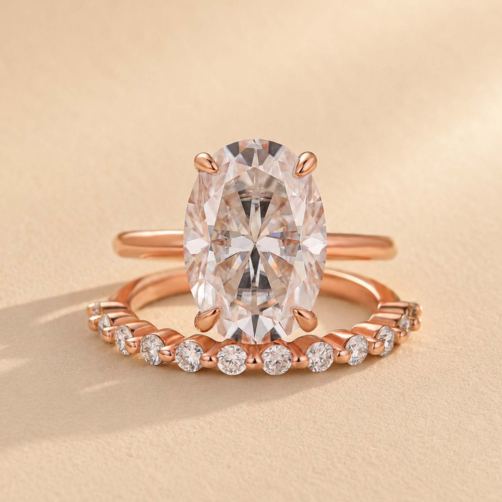S925 Moissanite 5.5Ct Oval Cut Solitaire Wedding Ring Set With Round Cut Wedding Band