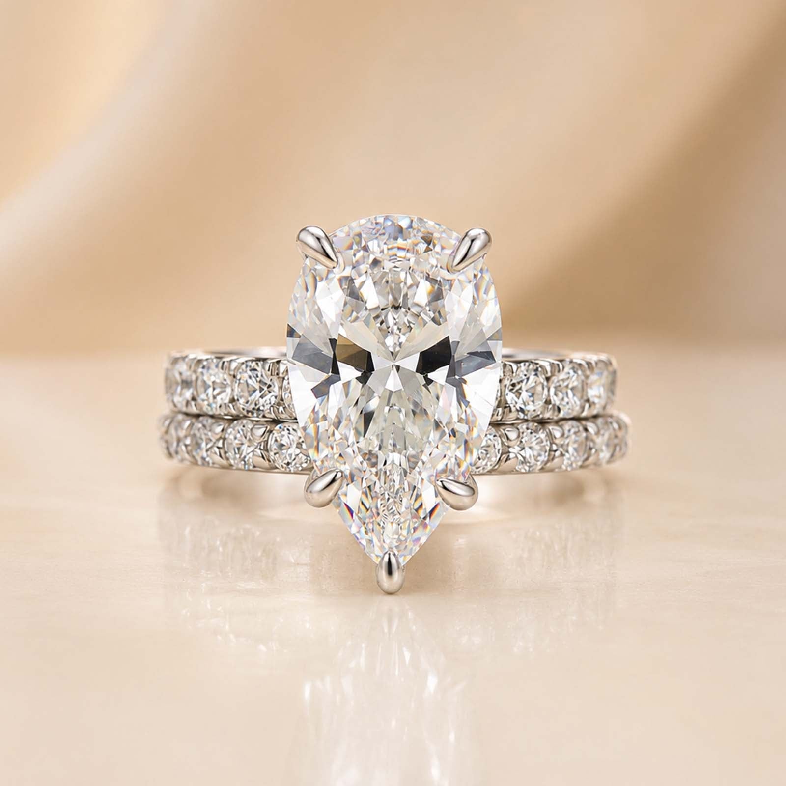 S925 5.0Ct Pear Cut Engagement Ring in Sterling Silver with Classic Open Wedding Band