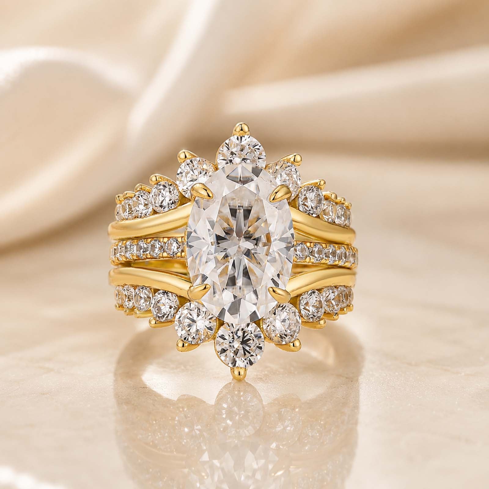 S925 Moissanite 4.0Ct Oval Cut Engagement Ring in Sterling Silver with V-Shaped Crown Enhancer Wedding Band