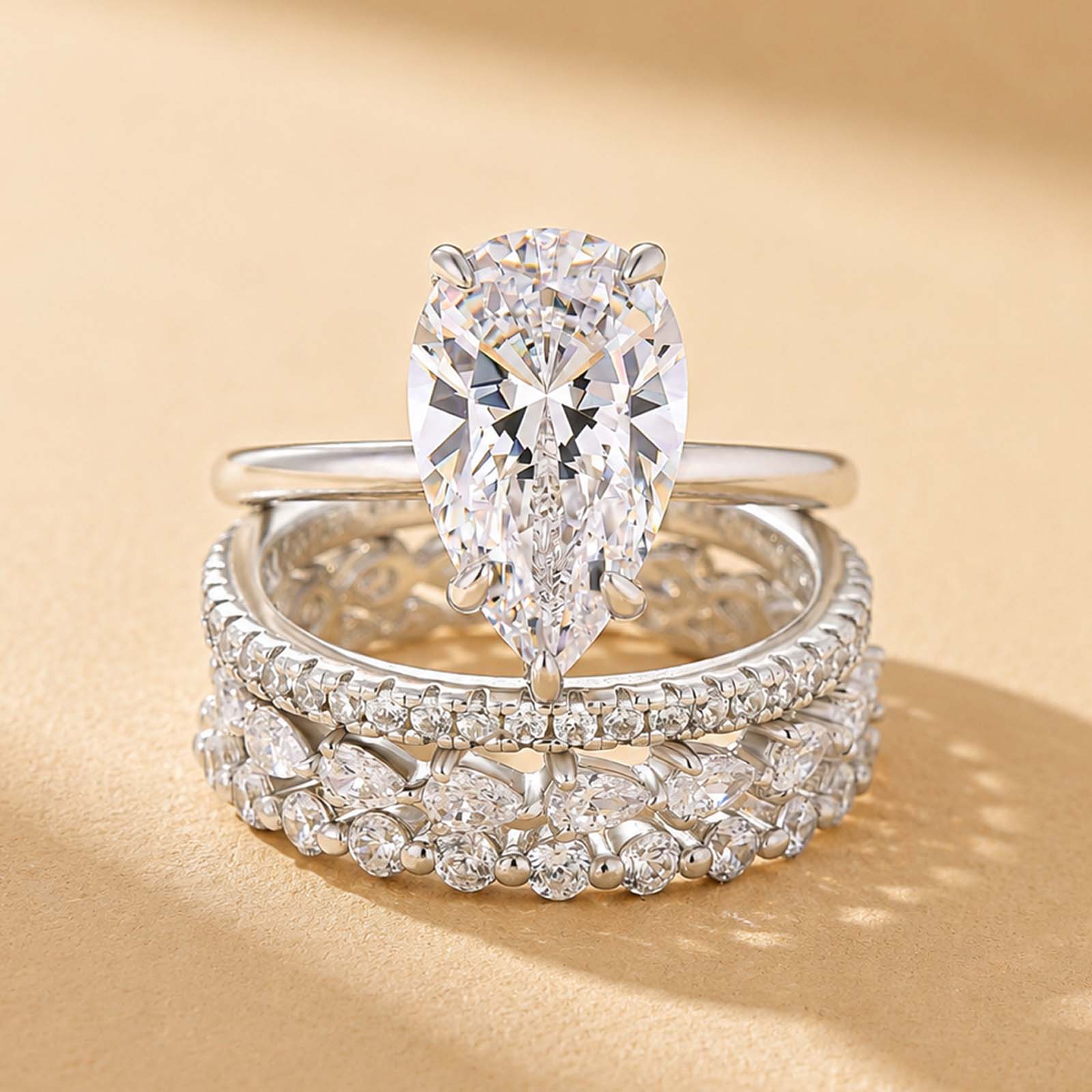 S925 4.0 Ct Pear Cut Engagement Ring & Full Eternity Wedding Band 4PC Women's Ring Sets For Everyday
