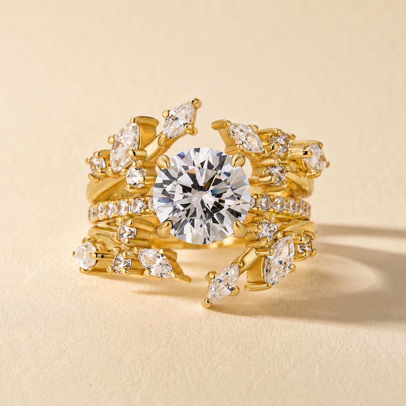 S925 2.0Ct Round Cut Engagement Ring with 1.5Ct Marquise&Round Cut Open Curved Wedding Band Nature- Inspired Rings