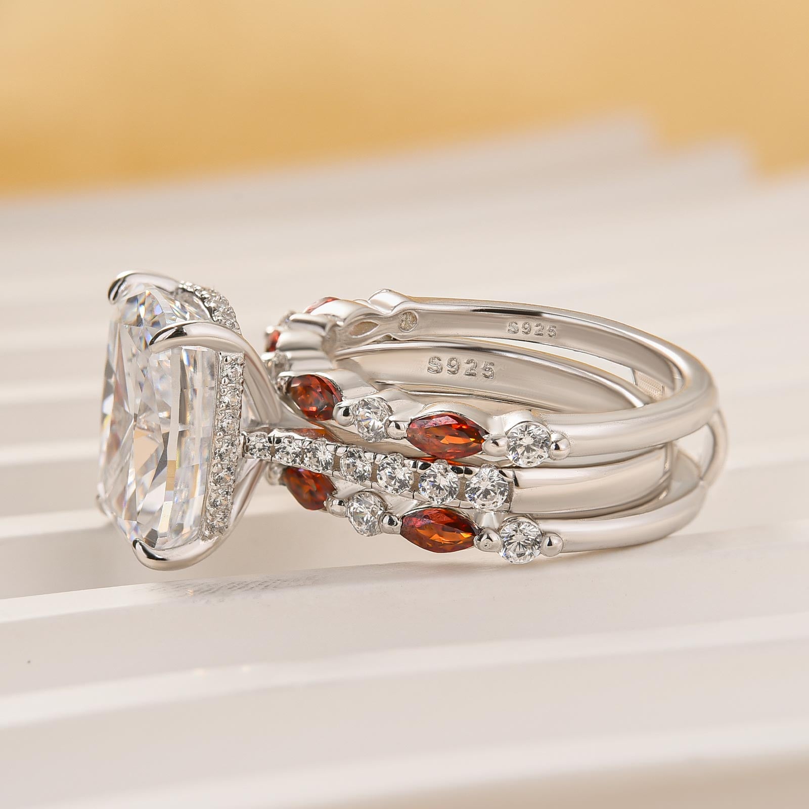 6.5Ct Cushion Cut Insert Wedding Ring Set With Unique White & Blue Stone Engagement Ring Enhancer