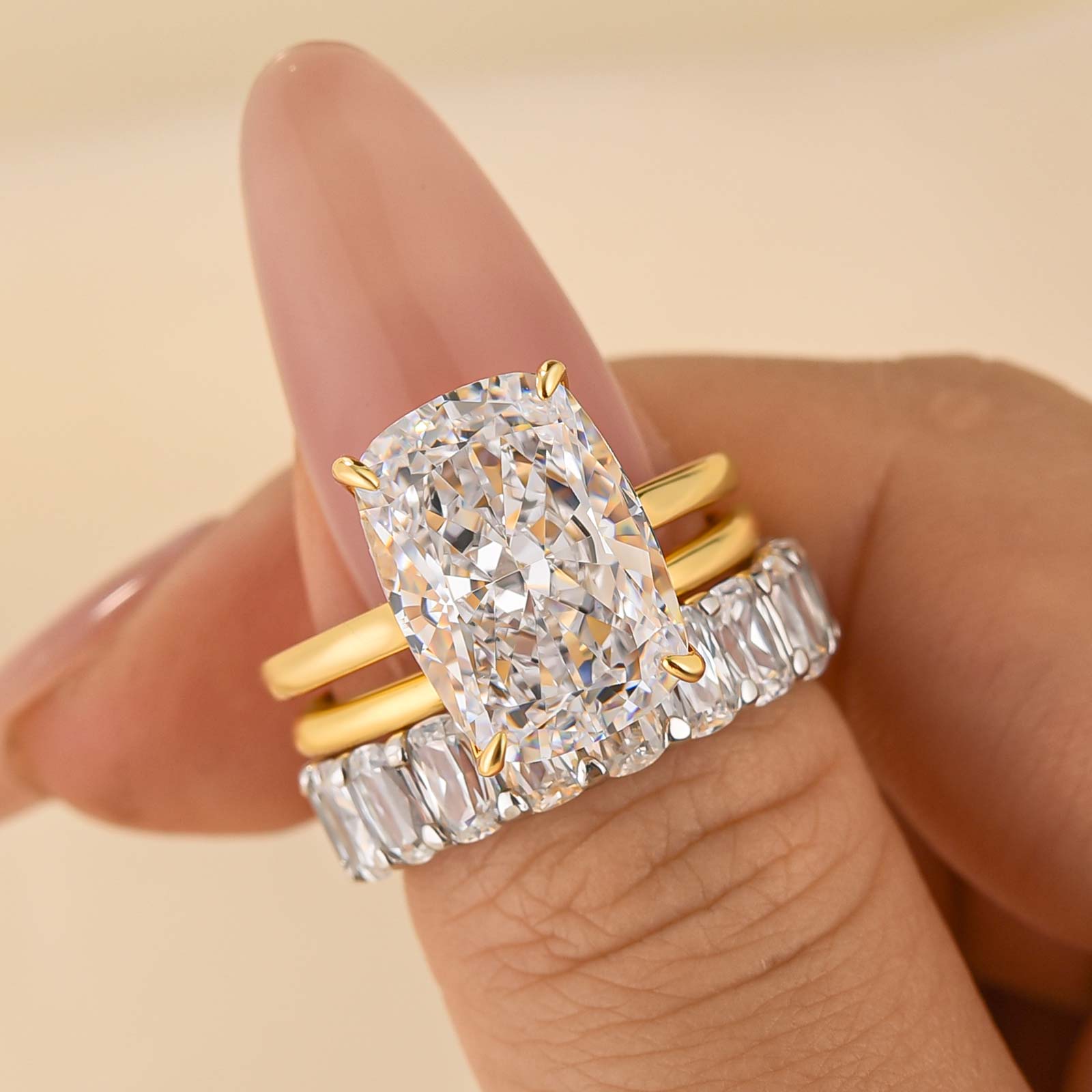 3PC Wedding Sets Cushion Cut 9.0Ct Hidden Halo Yellow Gold Solitaire Engagement Ring with White Gold Cushion Cut Full Eternity Wedding Bands