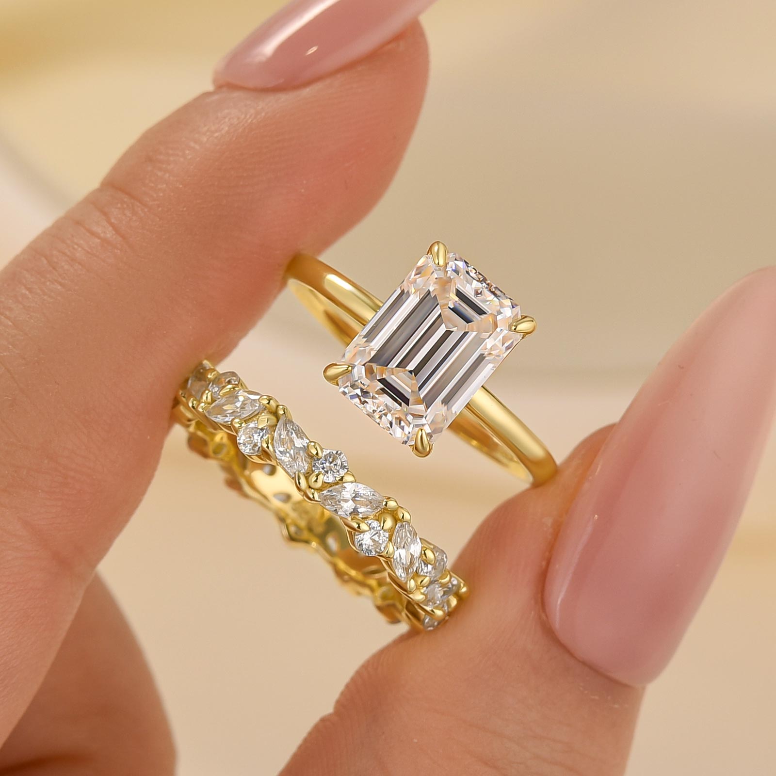 2PC 3.5 Carat Emerald Cut Solitaire Wedding Ring Set With Marquise Cut & Round Cut Wedding Band