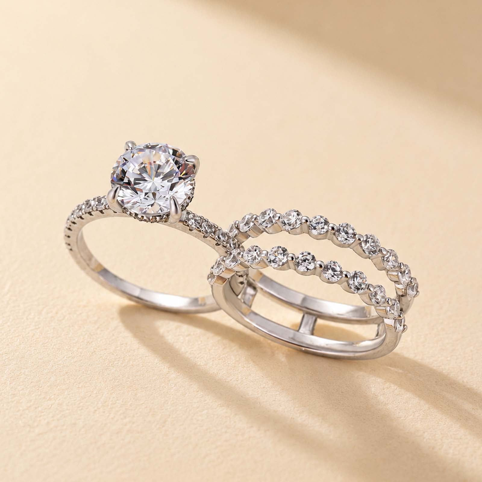 S925 2.0Ct Round Cut Engagement Ring with 0.77Ct Enhancer Wedding Band For Everyday Wear