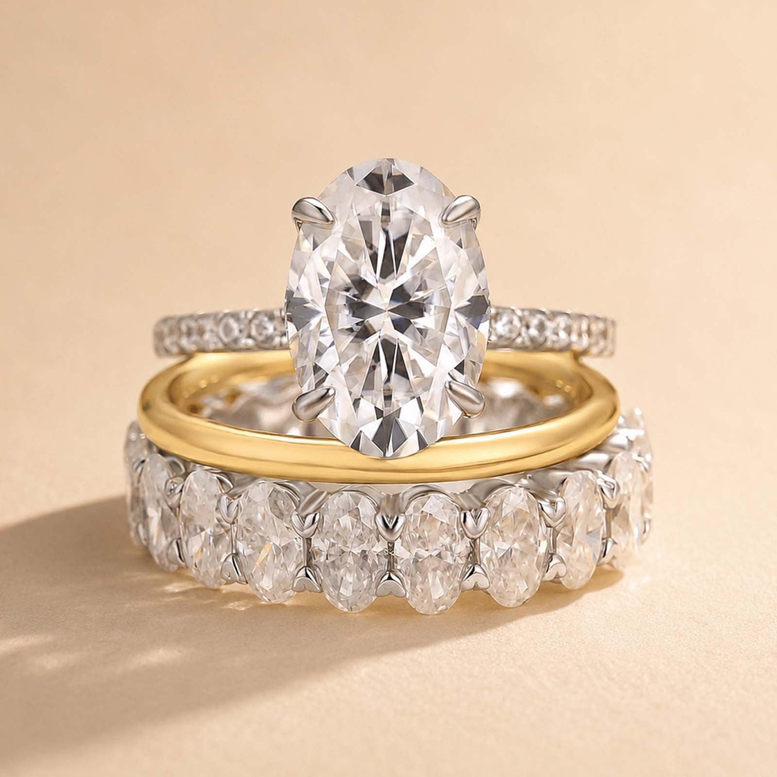 S925 3PC Moissanite 4.0Ct Oval Cut Ring & Two Classic Wedding Bands Stackable Statement Ring Sets