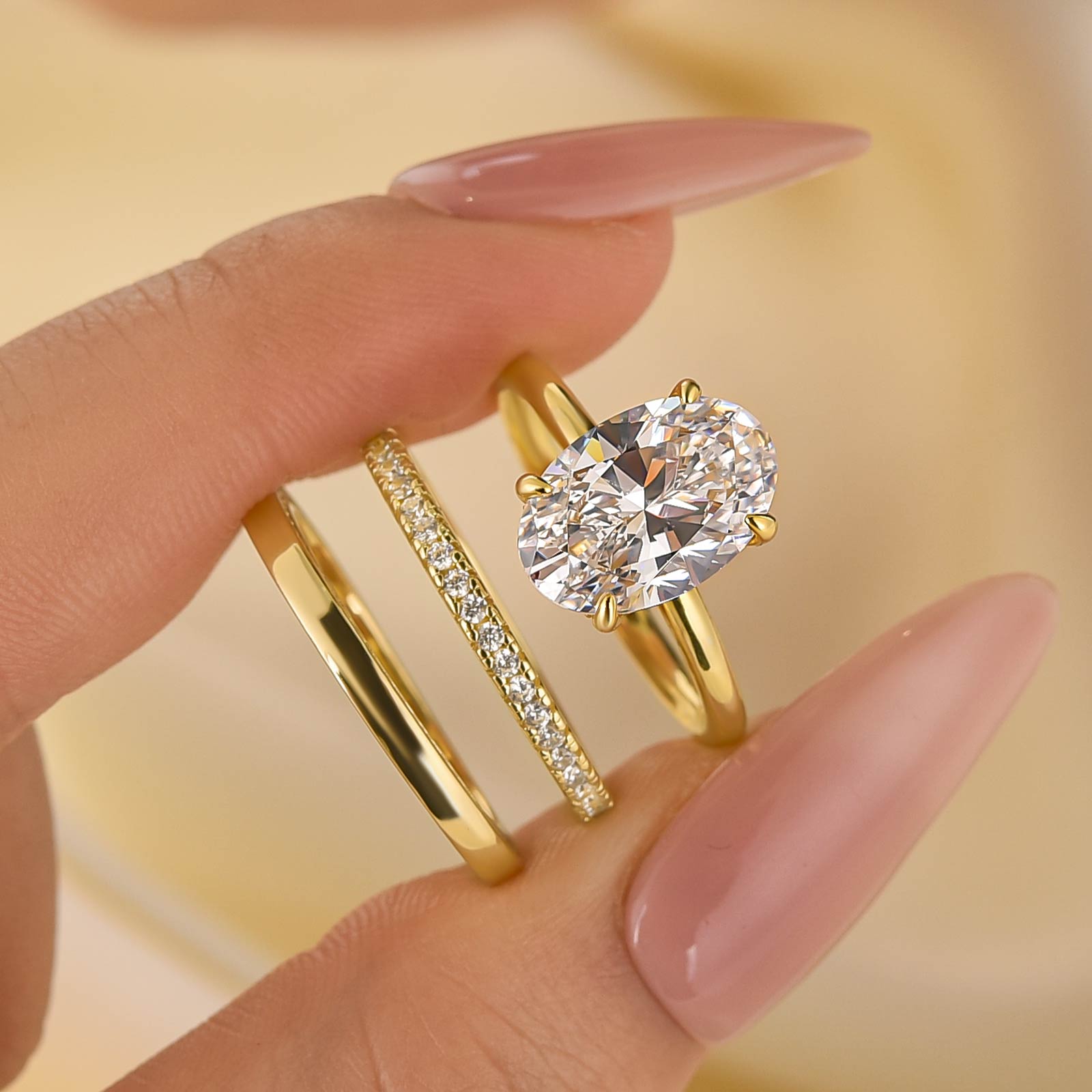 3PC Wedding Sets 4.0Ct Solitaire Oval Cut Hidden Halo Engagement Ring with 2PC Yellow Gold Wedding Bands