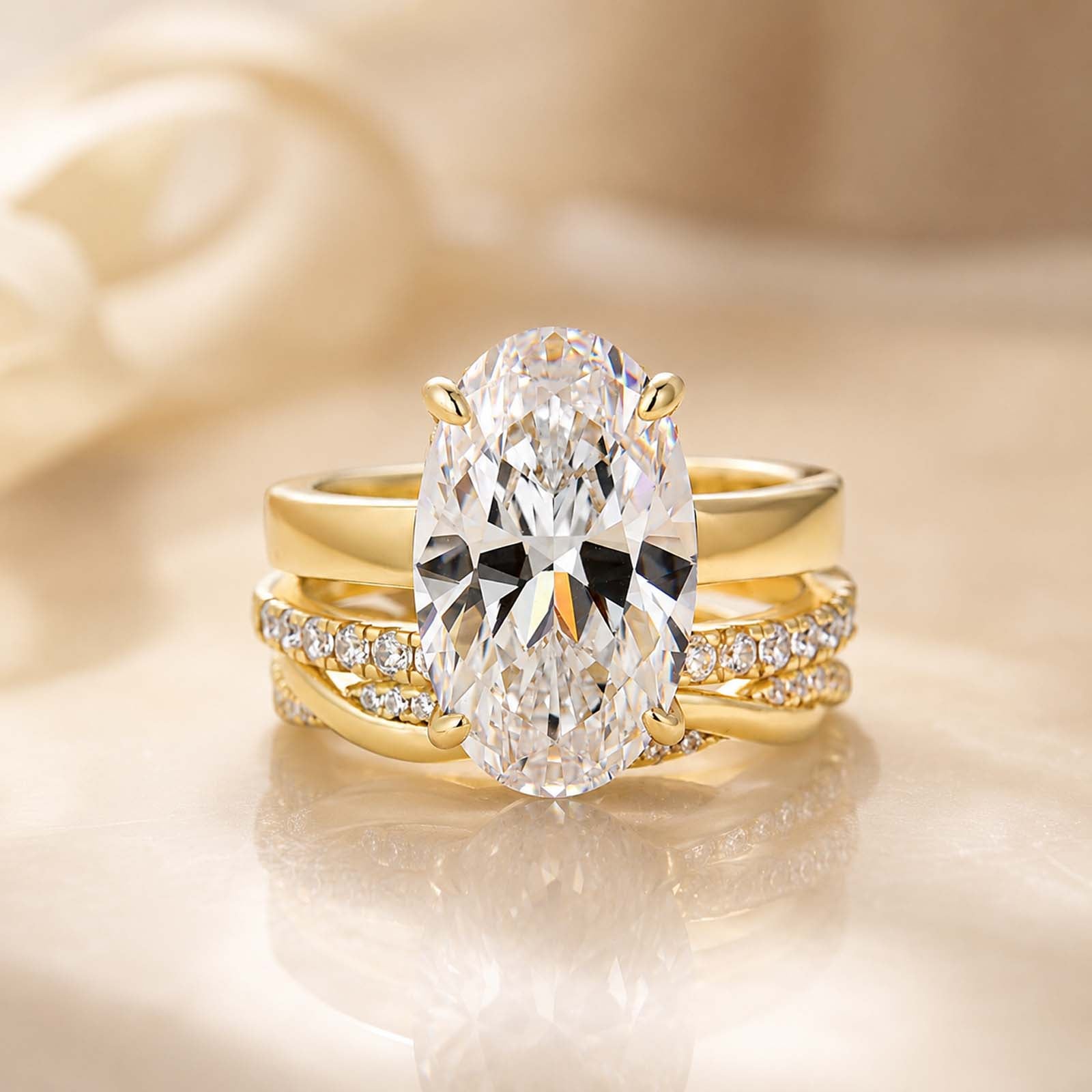 S925 3PC Hidden Halo 6.0Ct Oval Cut Engagement Ring with Twist&Half Eternity Thin Wedding Band