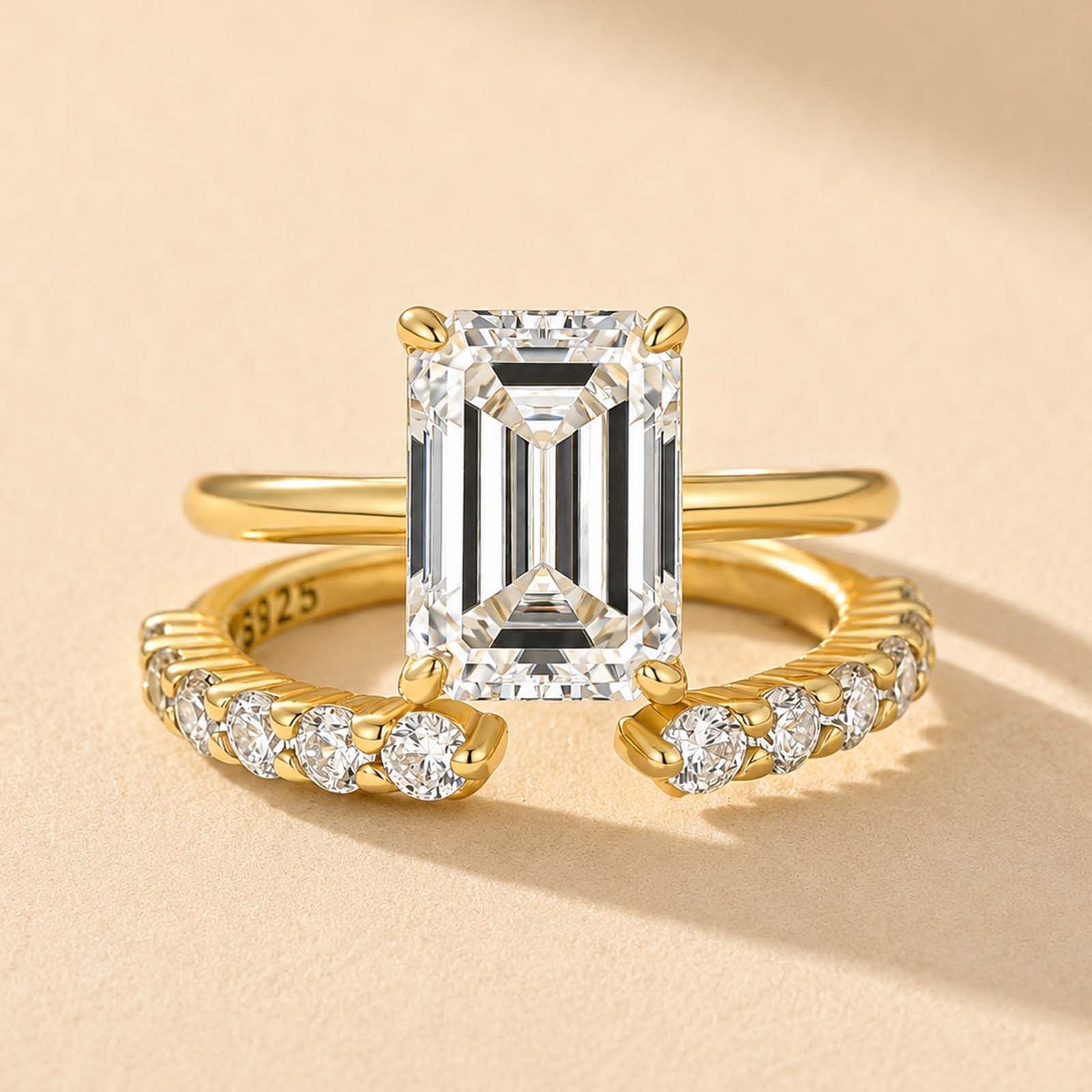S925 3.5CT Emerald Cut 2PC Stackable Solitaire Open Ring Sets For Travel