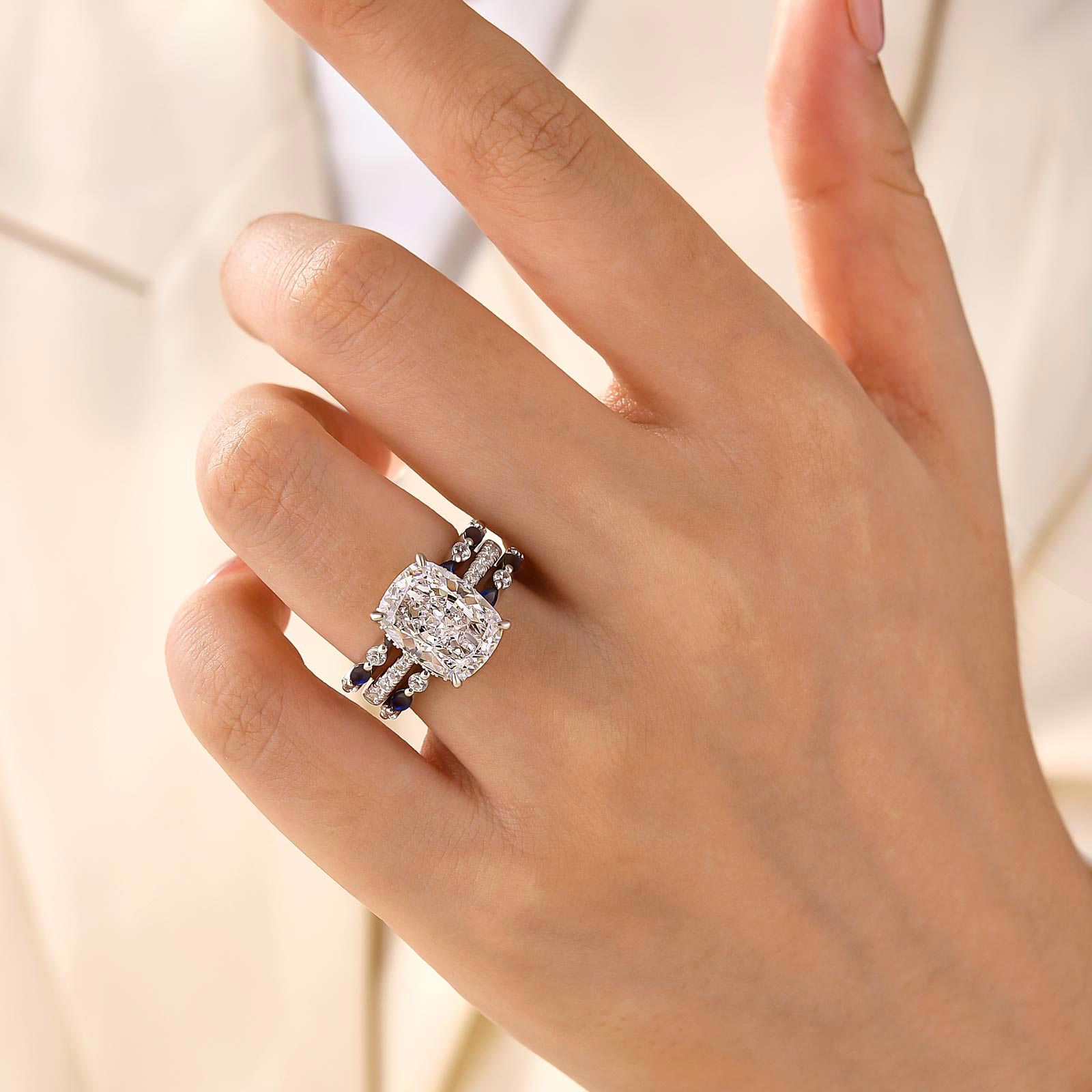 S925 6.5Ct Cushion Cut Insert Wedding Ring Set With Unique White & Blue/Red Stone Engagement Ring Enhancer