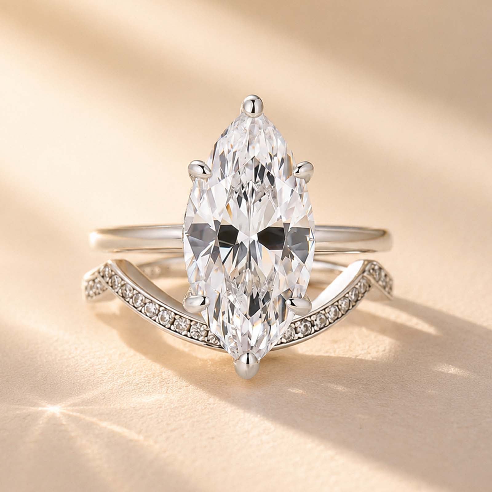 S925 4.0Ct Marquise Cut Hidden Halo Engagement Ring & Curved Wedding Band Bridal Ring Sets