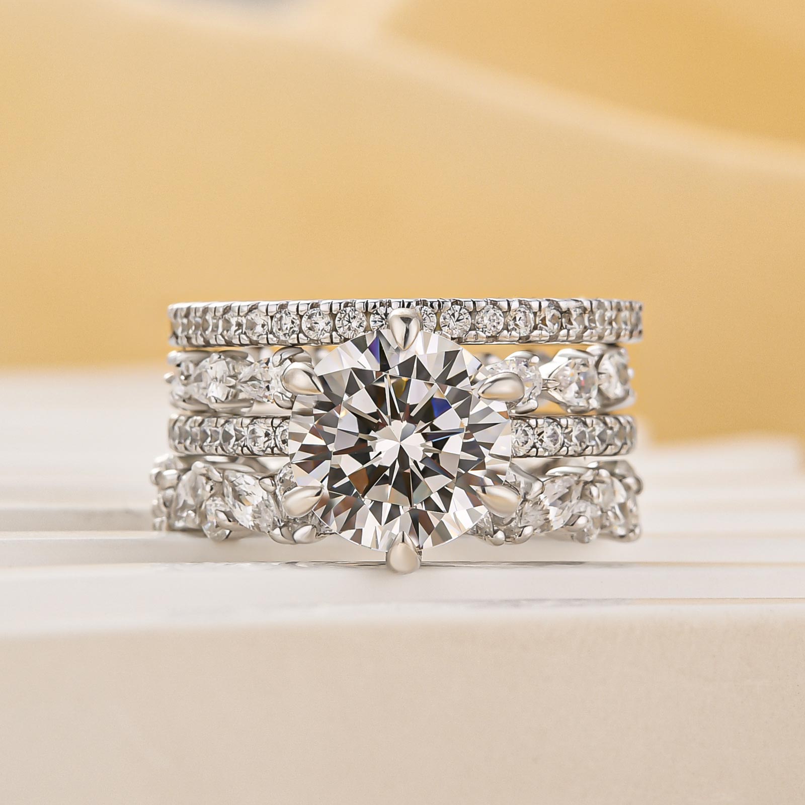 4PC 3.0 Ct Wedding Ring Set Round Cut Simulated Diamonds Engagement Ring With Fashion Design Wedding Bands