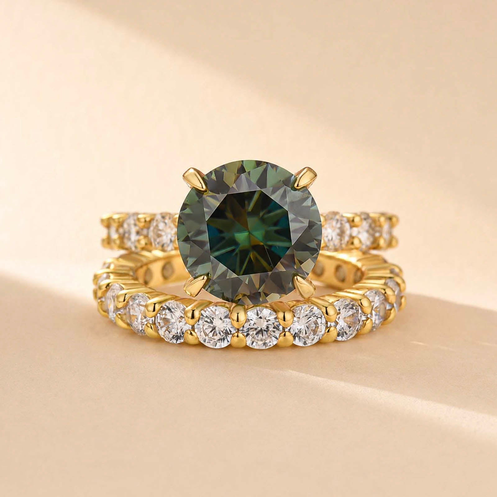 S925 Moissanite 4.0Ct Green Round Cut Gold Plated Wedding Set For Everyday Wear