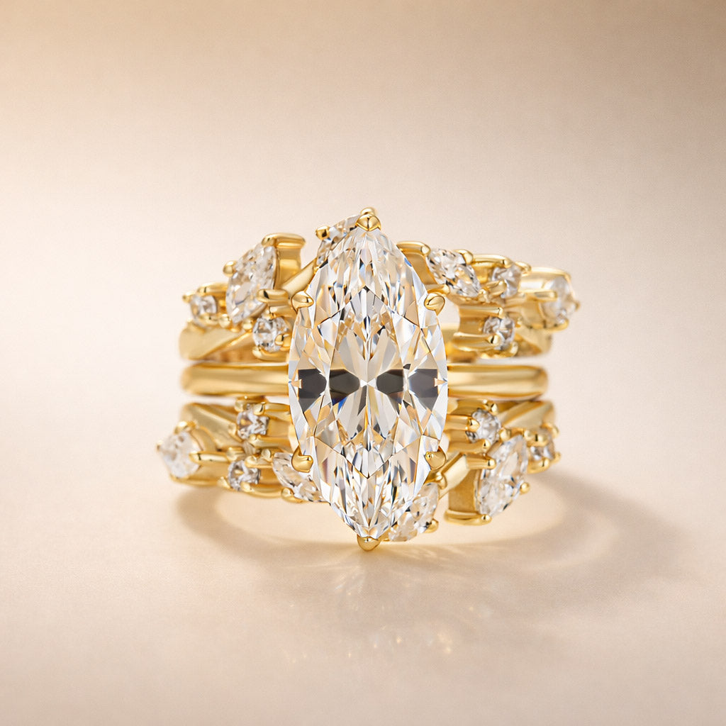 S925 Hidden Halo 4.0Ct Marquise Cut Engagement Ring with 1.5Ct Marquise&Round Cut Enhancer Wedding Band