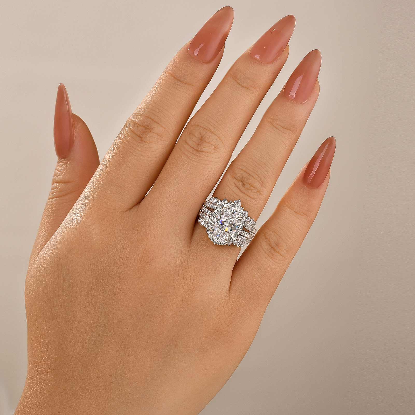 3PC 4.0Ct Halo  Oval Cut Wedding Ring Set With Two V-shaped Design Half Eternity Wedding Bands