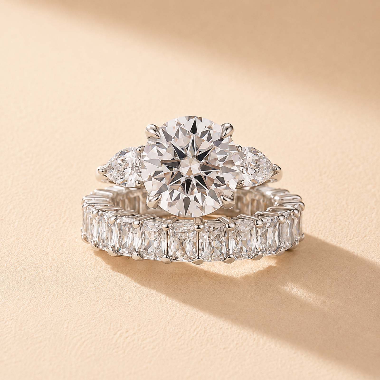 S925 Moissanite 4.0Ct Round Cut Three Stone Ring & 3.5Ct Band Stackable Statement Ring For Her