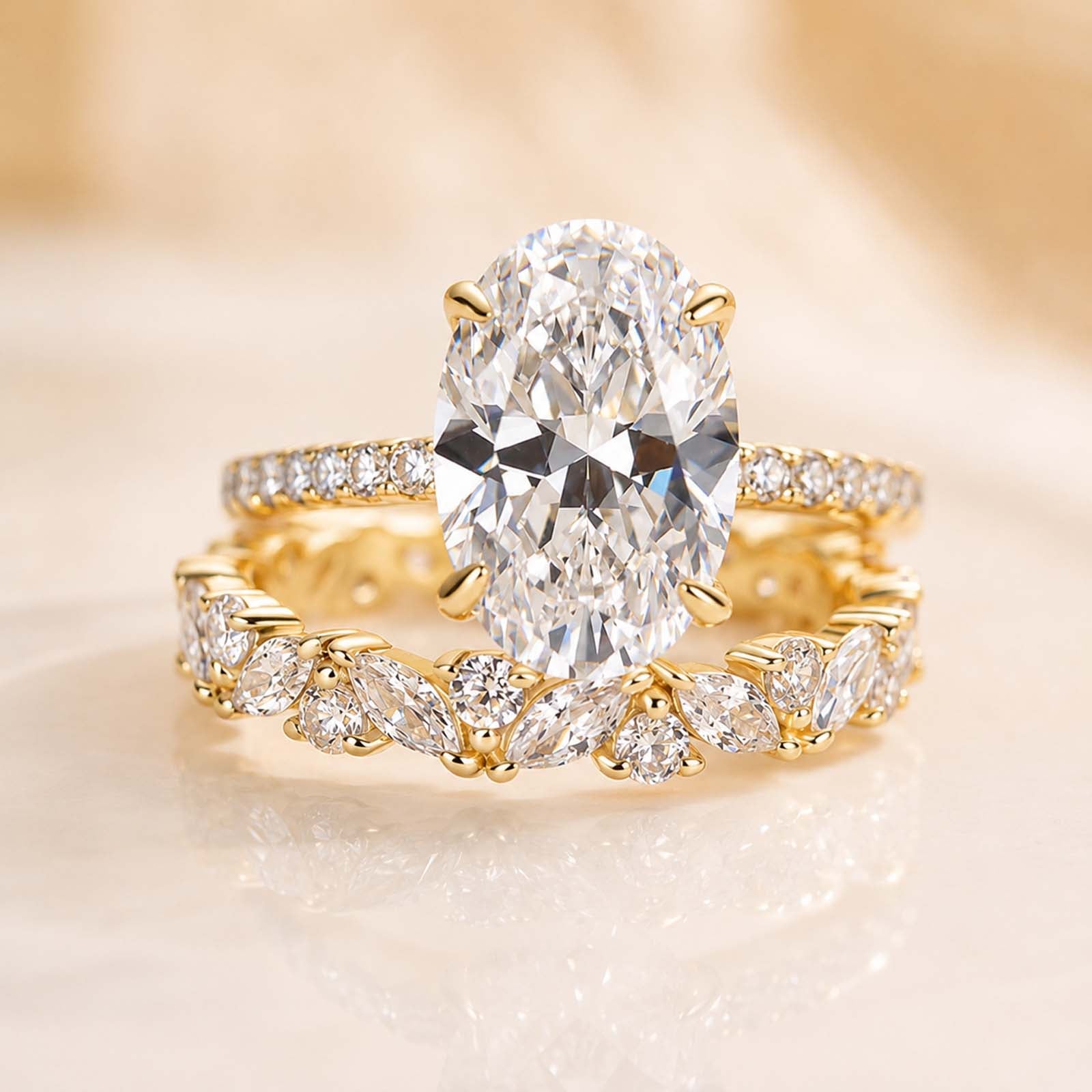S925 4.0Ct Oval Cut Yellow Gold Engagement Ring with Marquise & Round Wedding Band