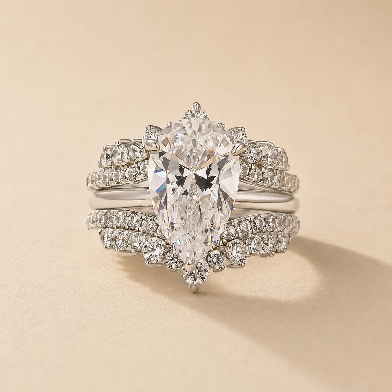 S925 3.5Ct Pear Cut 2PC Enhancer Wedding Set Hidden Halo Half Enternity Engagement Ring with Full Eternity Wedding Band