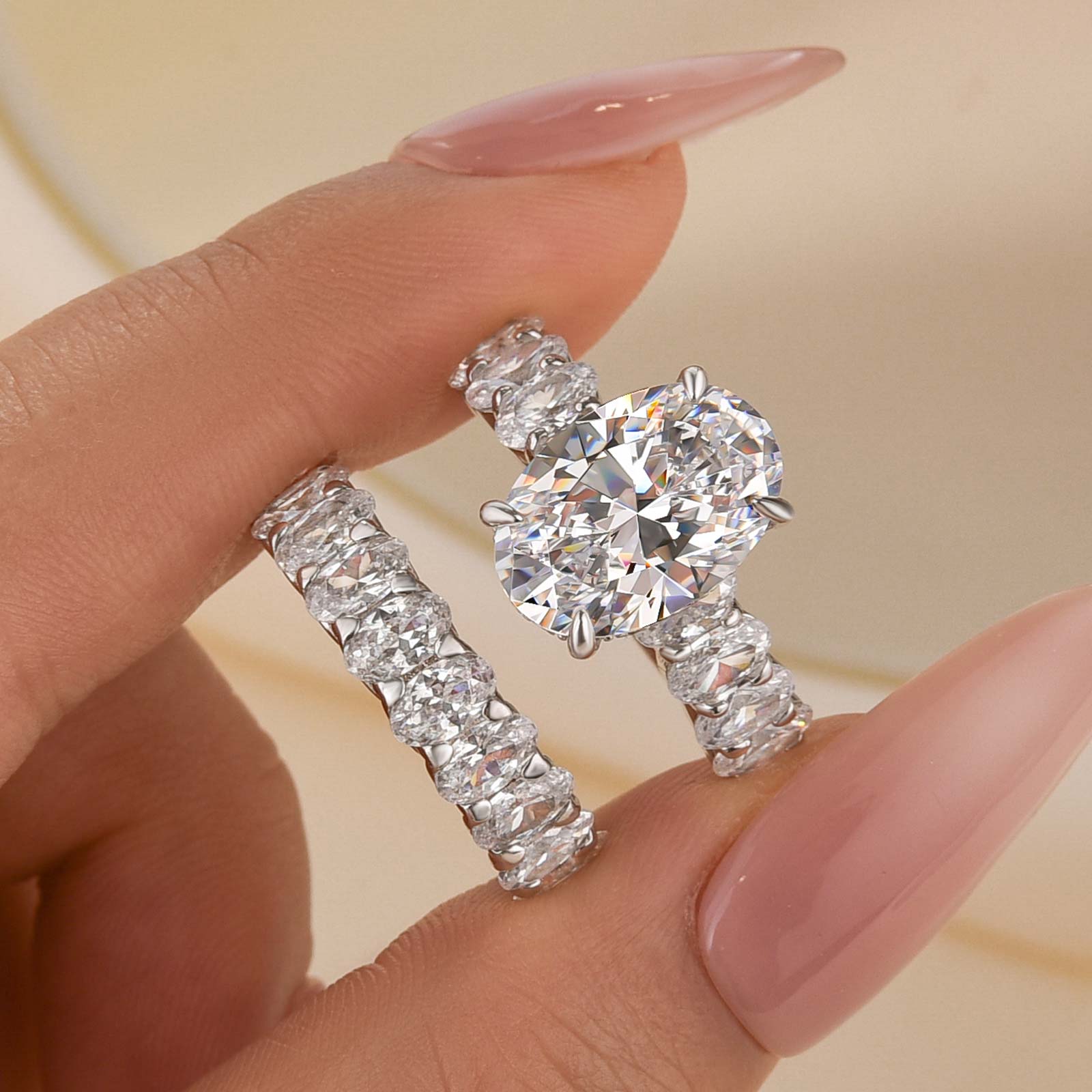 2PC 4.5Ct Wedding Ring Set Oval Cut Simulated Diamond Engagement Ring With Oval Cut Wedding Band