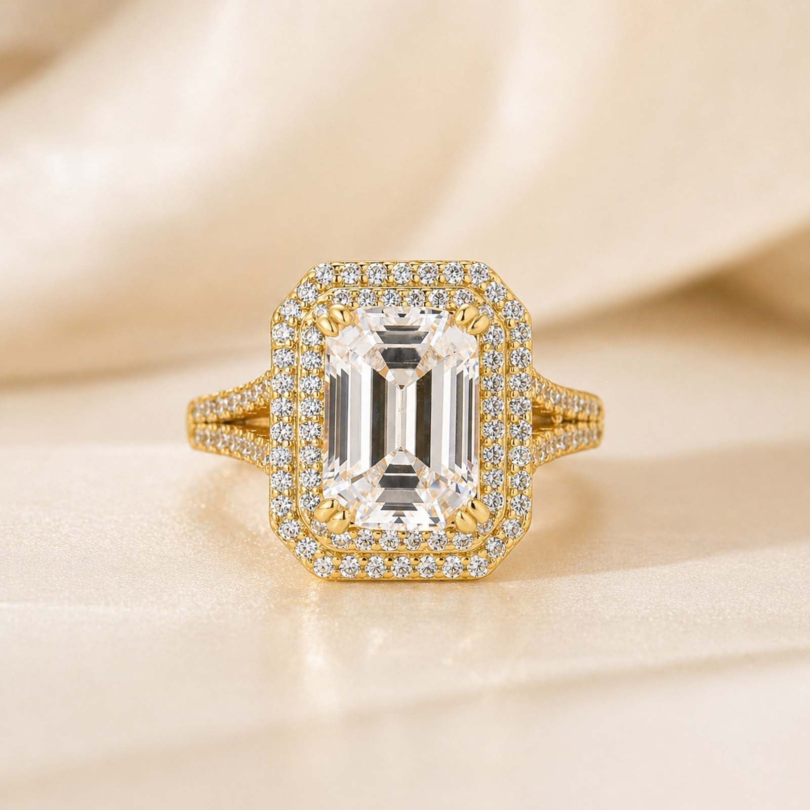 S925 3.0Ct Double Halo Emerald Cut Simulated Diamond Engagement Ring In Sterling Silver