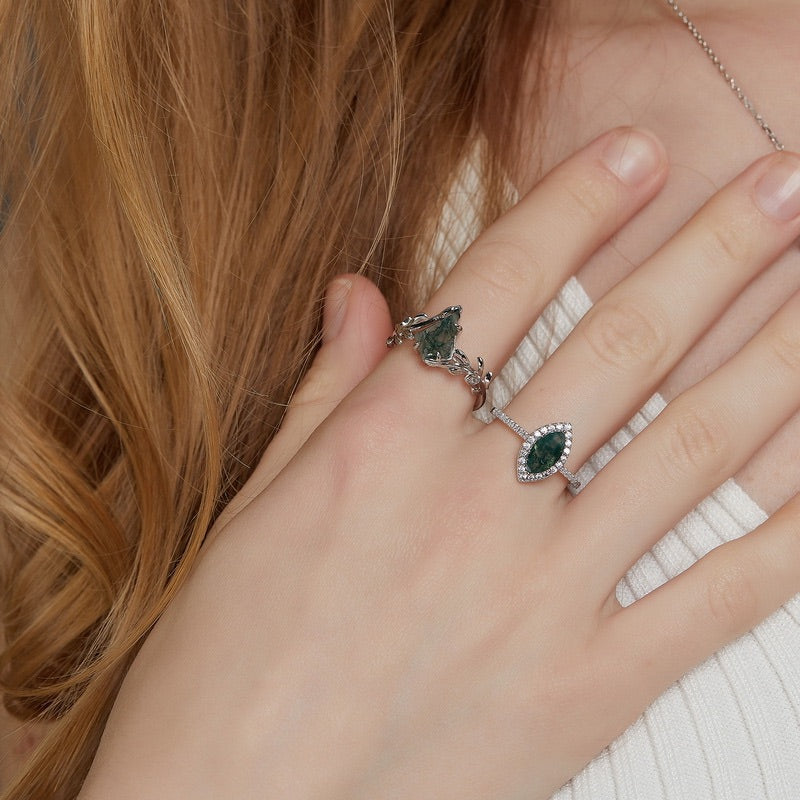 S925 3.0Ct Kite Cut Nature-Inspired Moss Agate Leaf Vine Ring in Sterling Silver For Everyday Wear