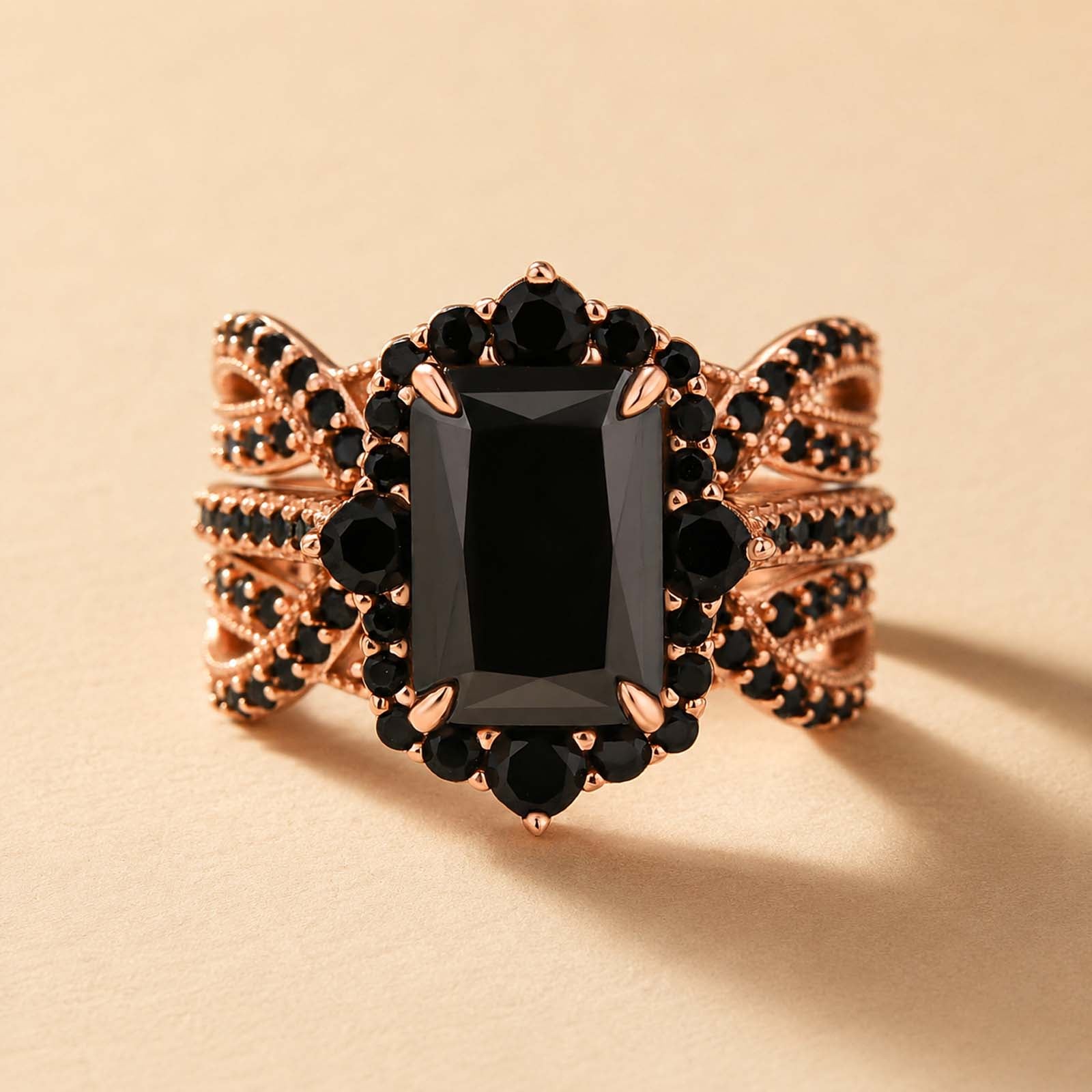 S925 3.0Ct Radiant Cut Black Stone/White Stone Halo Insert Wedding Ring Set For Women In Sterling Silver
