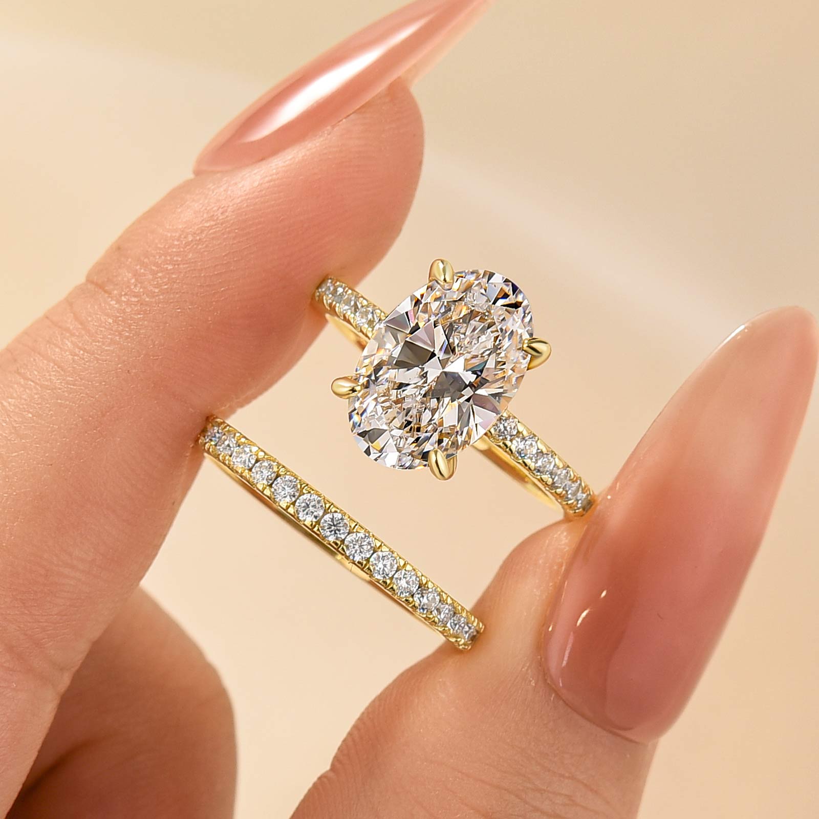 4.0 Carat Oval Cut Wedding Ring Set With Classic Half Wedding Band