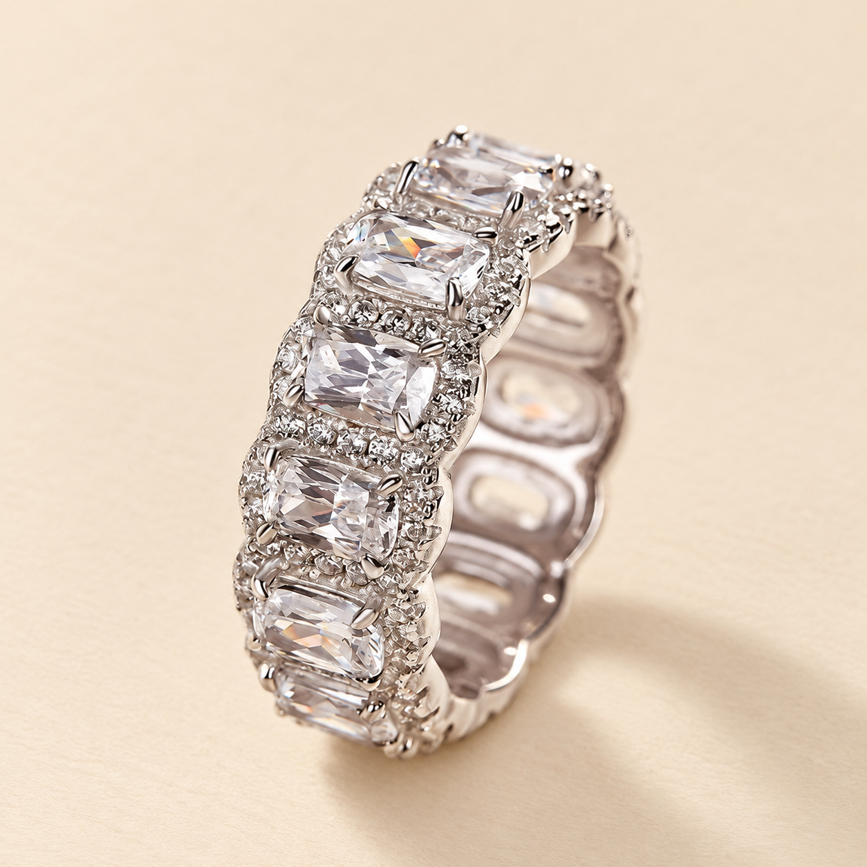 Louily Luxurious Halo Cushion Cut Wide Wedding Band In Sterling Silver