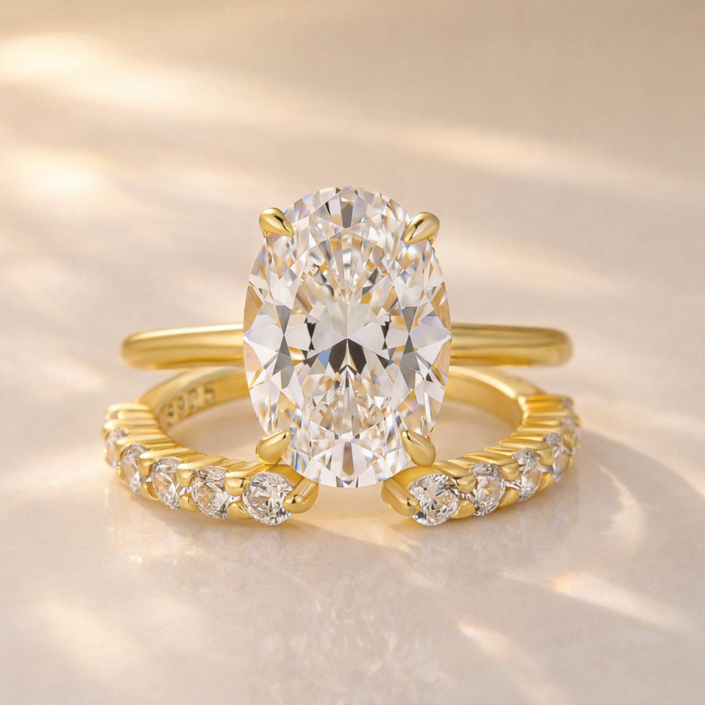 S925 2PC 4.5Ct Solitaire Oval Cut Engagement Ring with Open Band - louilyjewelry