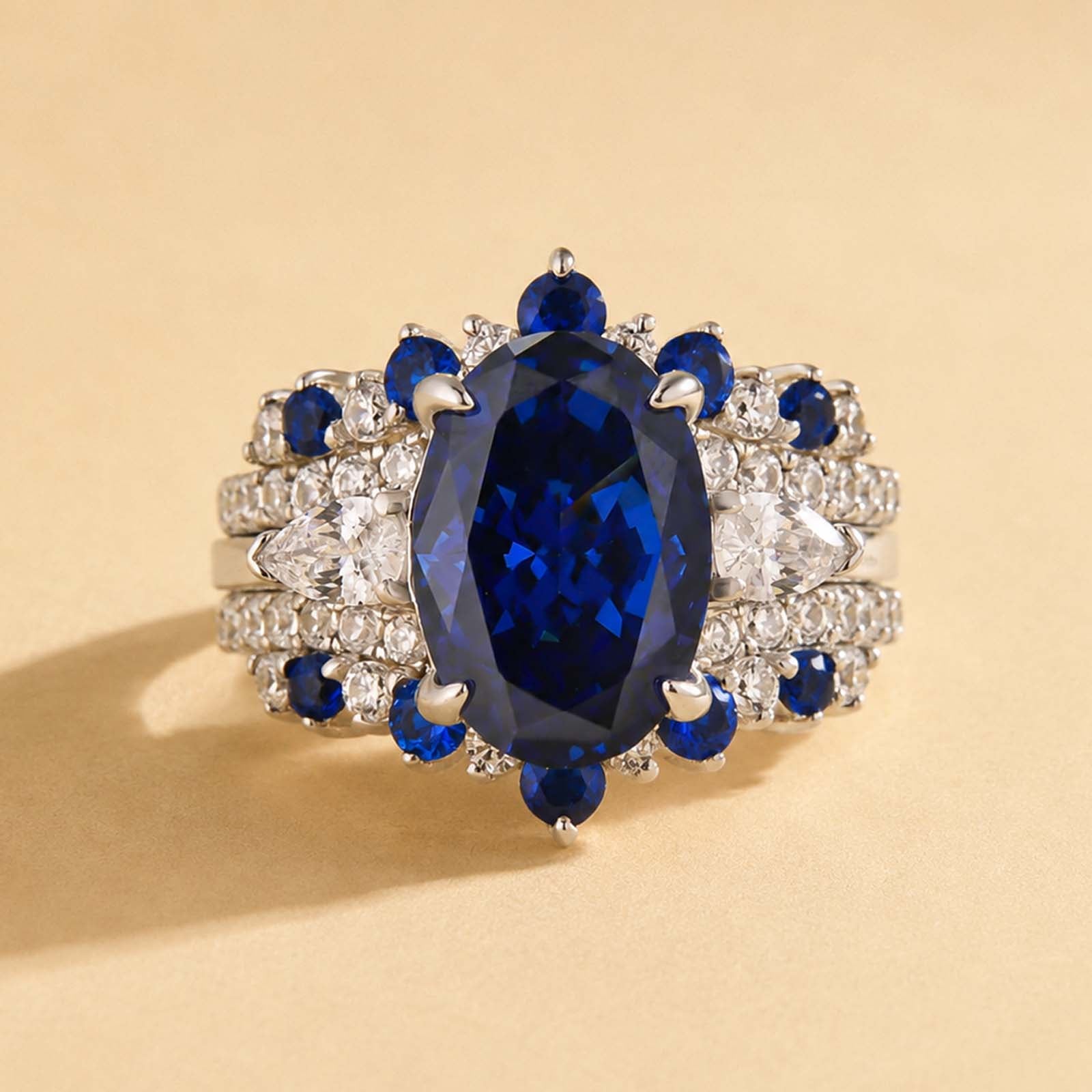 S925 4.0Ct Oval Cut Vintage Three Stone Blue & White Stone Engagement Ring & Pavé Full Eternity Band Enhancer Bridal Sets