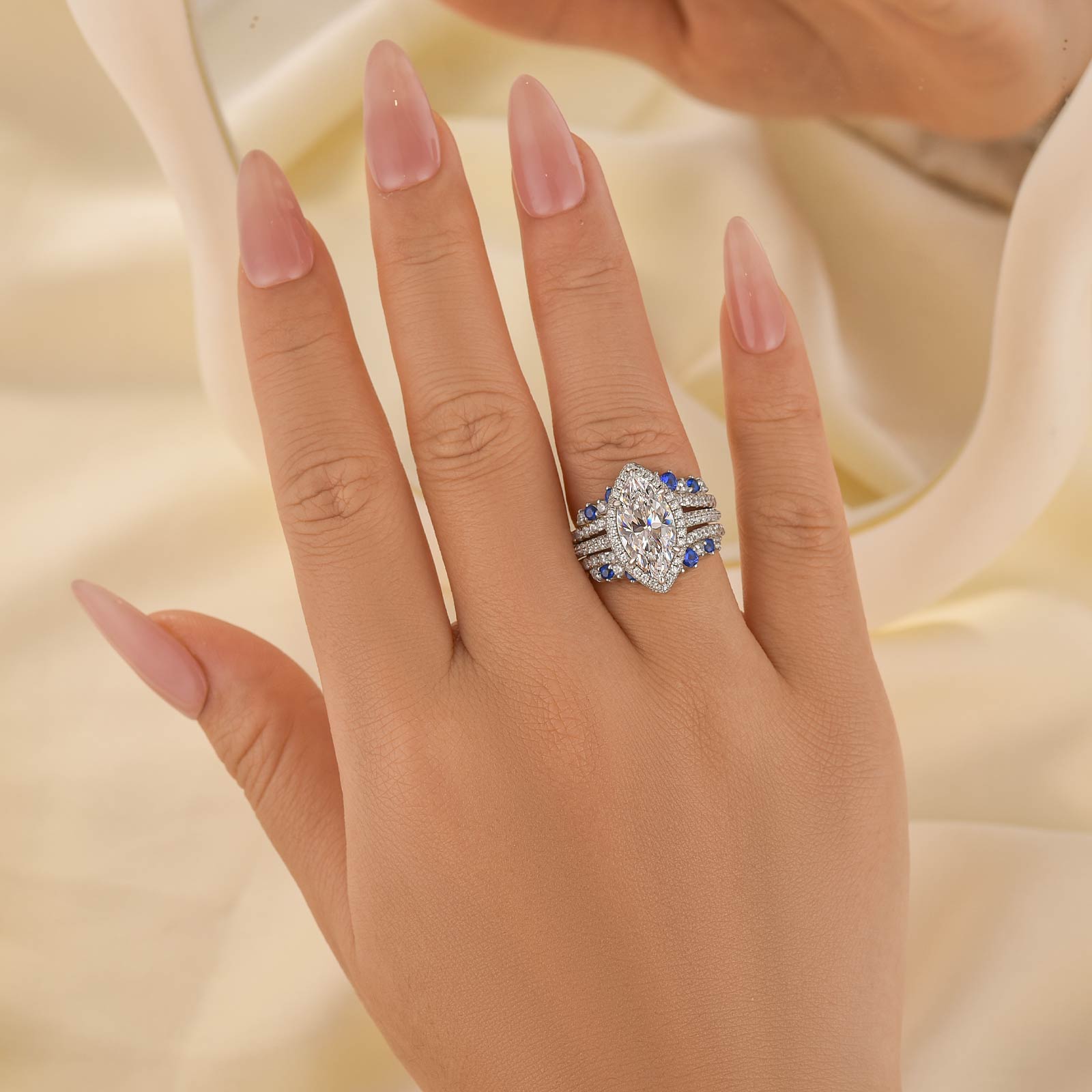 2PC Enhancer Wedding Set 3.0Ct Halo Marquise Cut Engagement Ring with Blue & White Stone Wedding Band