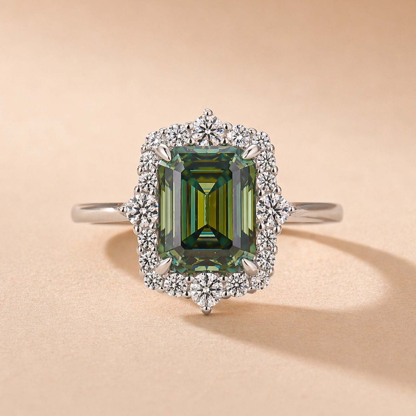 S925 3.0CT Emerald Green Emerald-Cut Moissanite Halo Ring 18K White Gold Plated In Silver Promise Ring